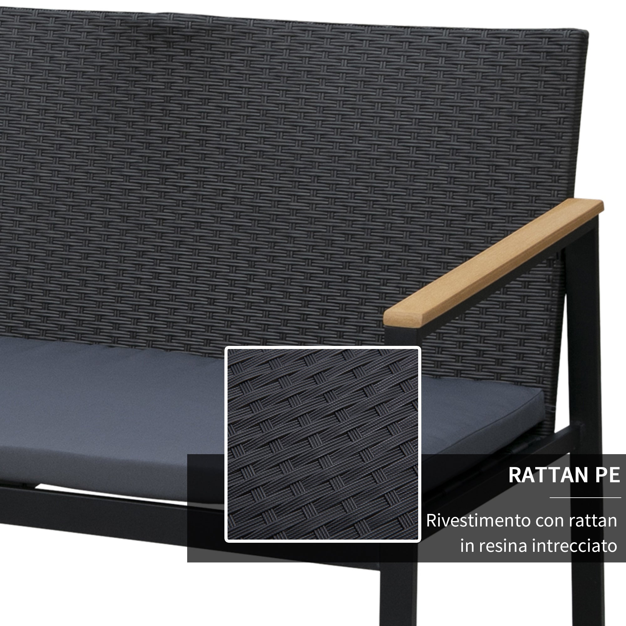 4-Piece Outdoor Lounge Set with 2 Chairs, Sofa and Coffee Table, Garden Furniture in Rattan and Black Steel - Borge' Group Limited