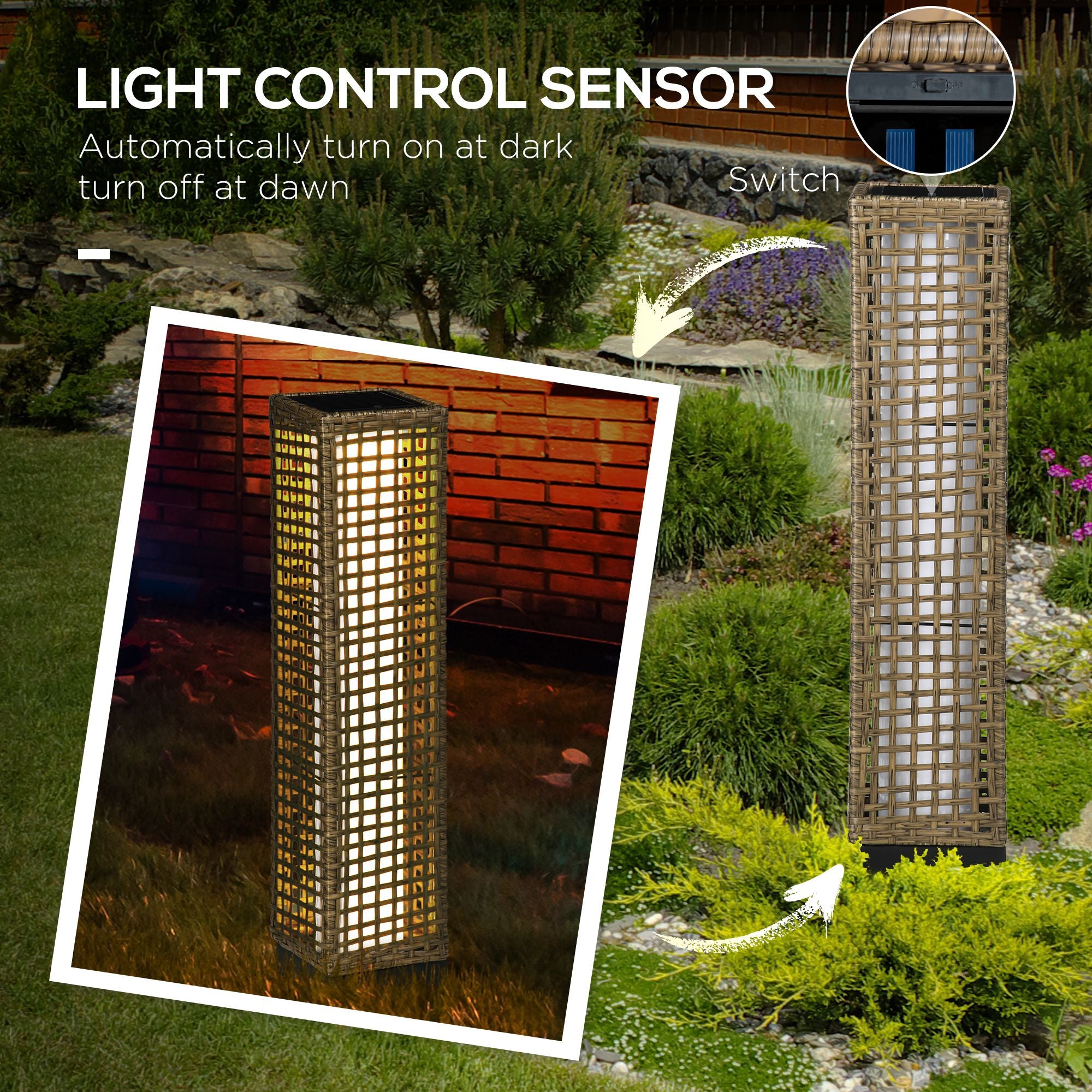 Outsunny Garden Solar Lamp with charging panel, steel and rattan, 15.5x15.5x69 cm, black and brown - Borgè