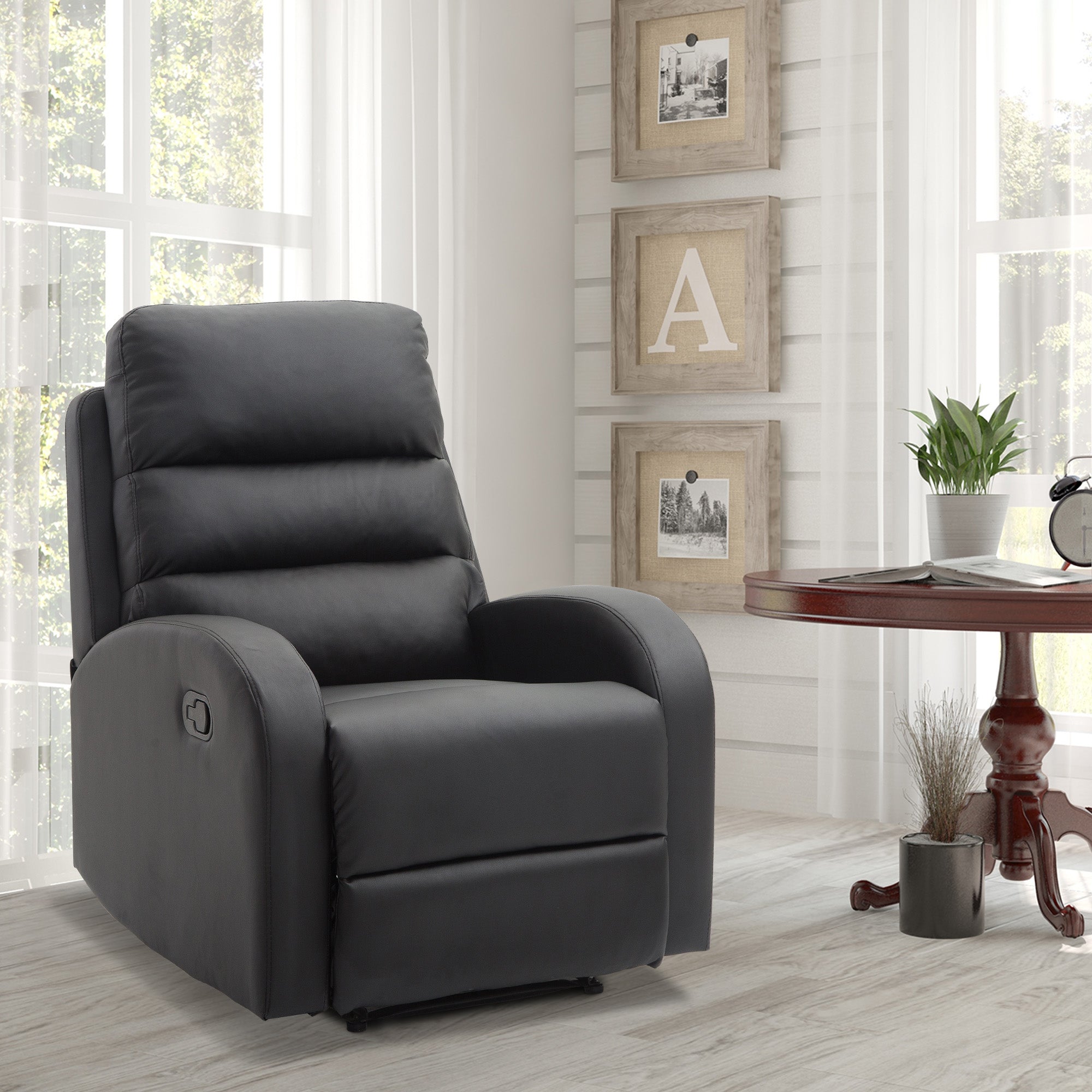 Relaxable relaxation armchair with padded seat and footrests, for home and office, in eco -leather, 80x91x102 cm, black - Borgè