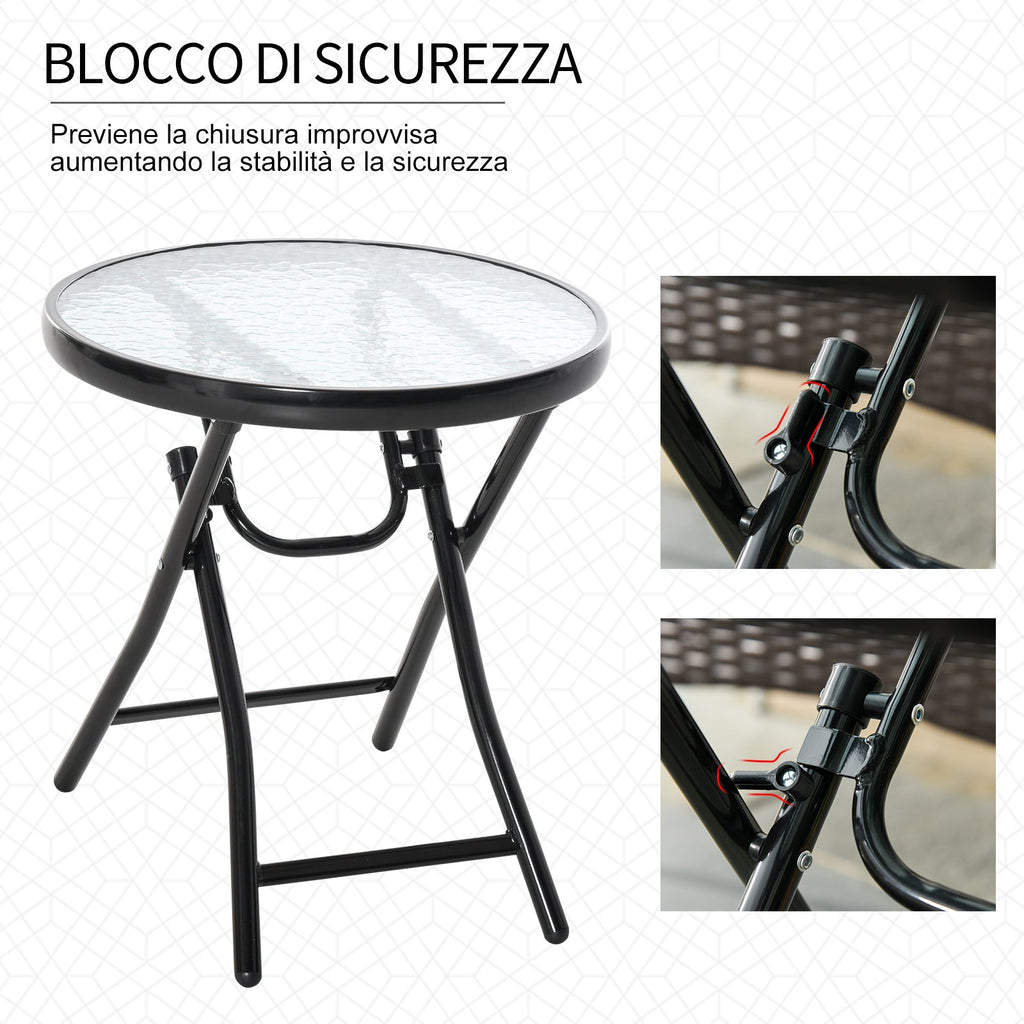 Folding Metal Garden Table, Small Garden Table with Glass Top and Safety Lock, Φ45x50cm Black - Borge' Group Limited
