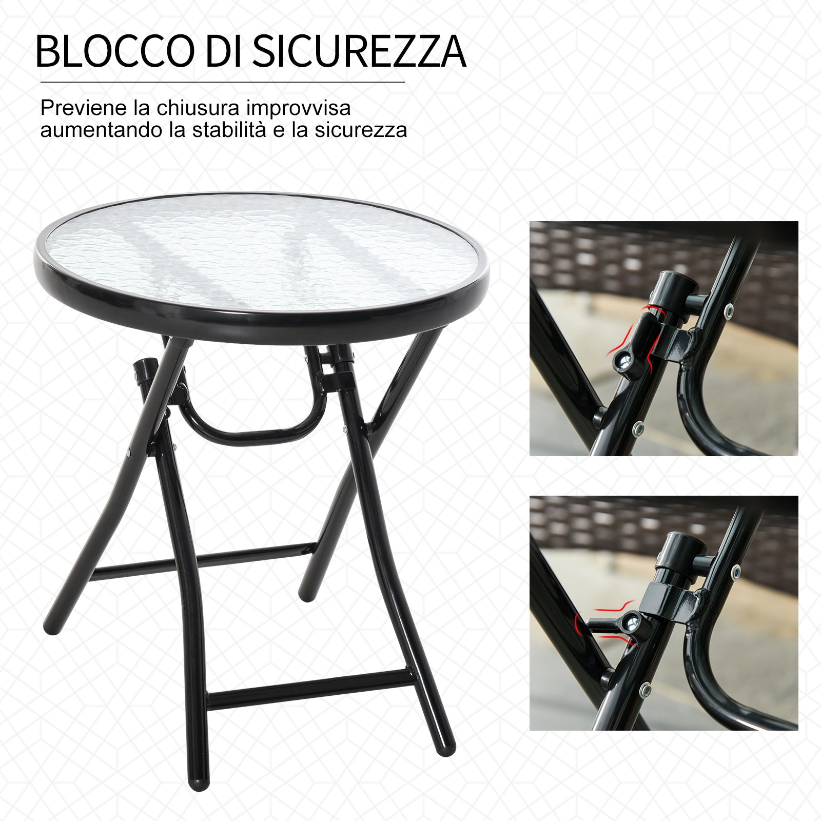 Folding Metal Garden Table, Small Garden Table with Glass Top and Safety Lock, Φ45x50cm Black - Borge' Group Limited