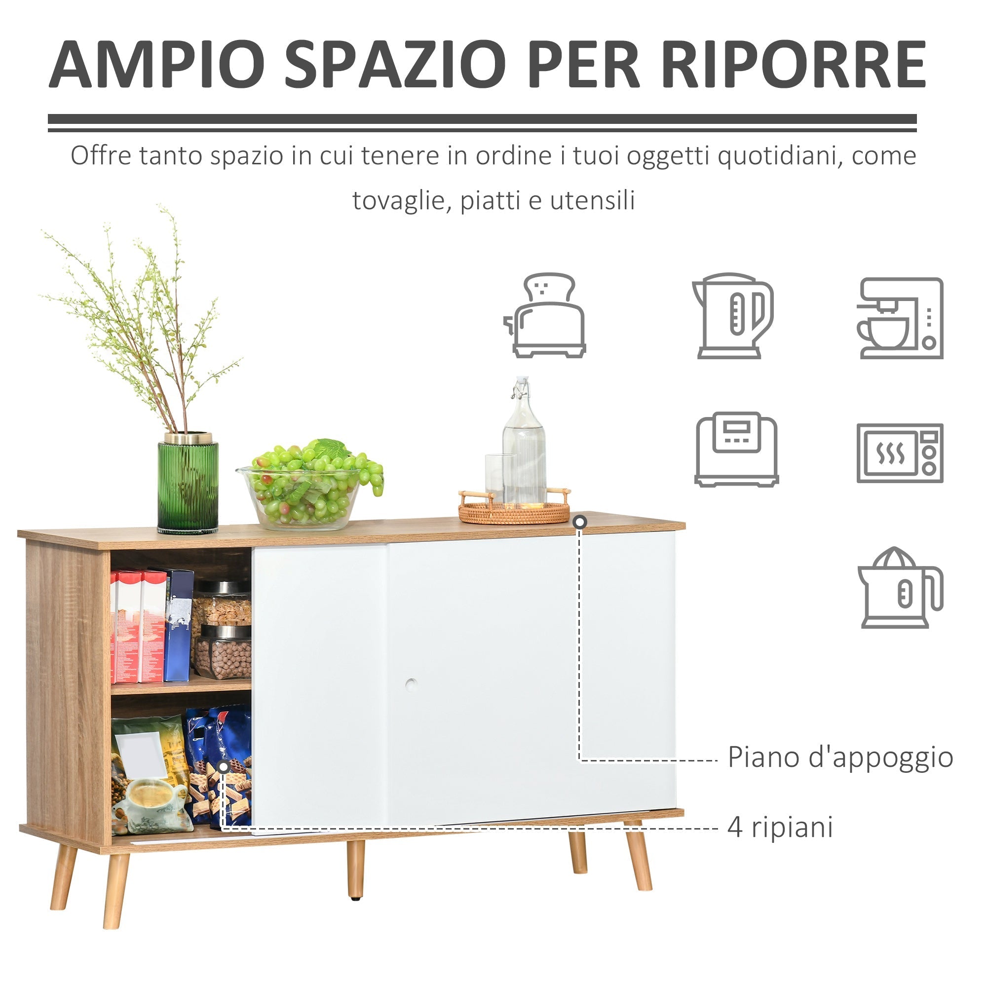 Mobile with adjustable shelves and sliding doors - white oak - Borgè