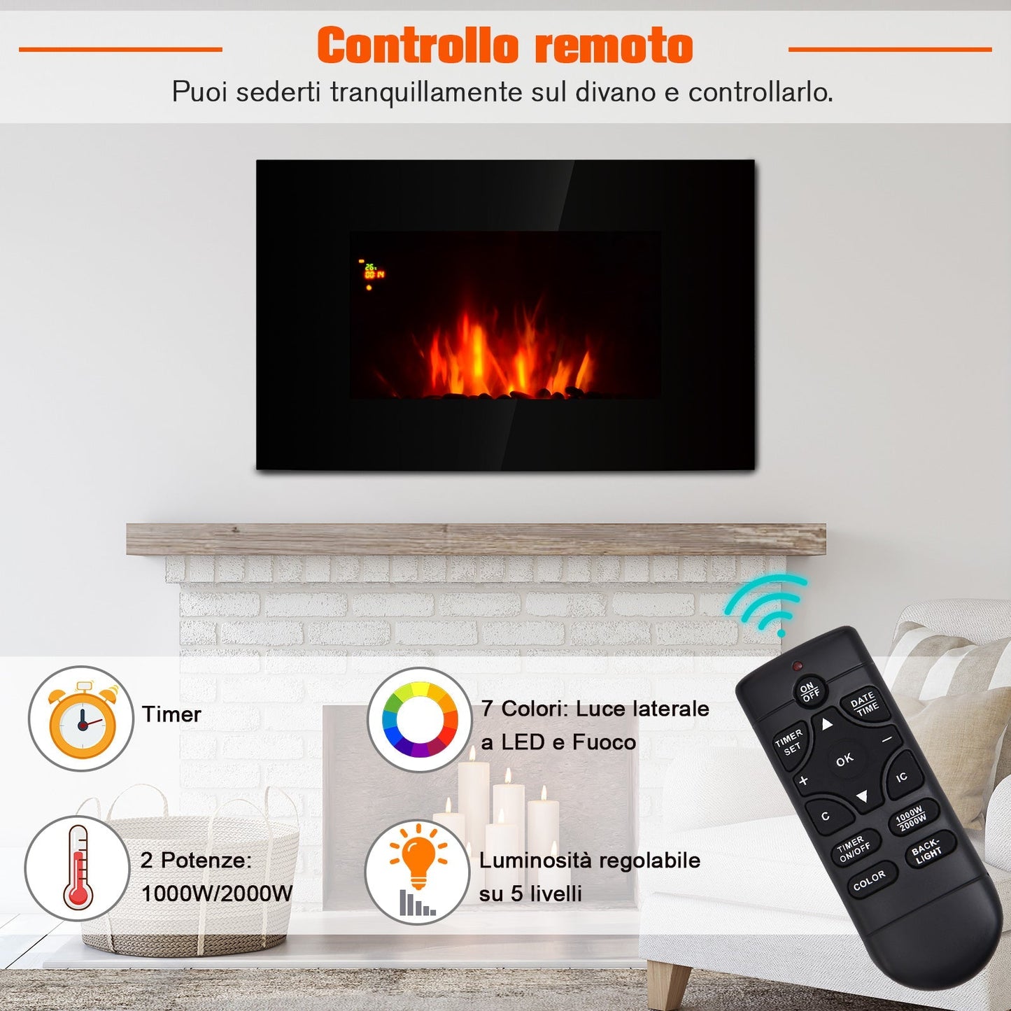 Homcom Wall or Earth 2000W Electric Fireplace With Led Flame 7 Colors, Black, 90x56x9.5cm - Borgè