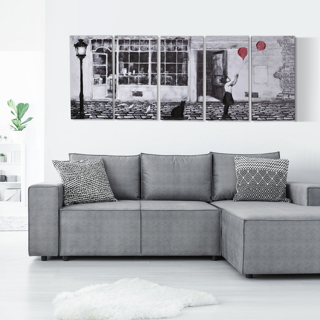 Canvas Print with Little Girl, 80x40cm, 5 Pieces for Home and Office, Pine Wood Canvas and Water-Based Paint, Black White Red - Borgè