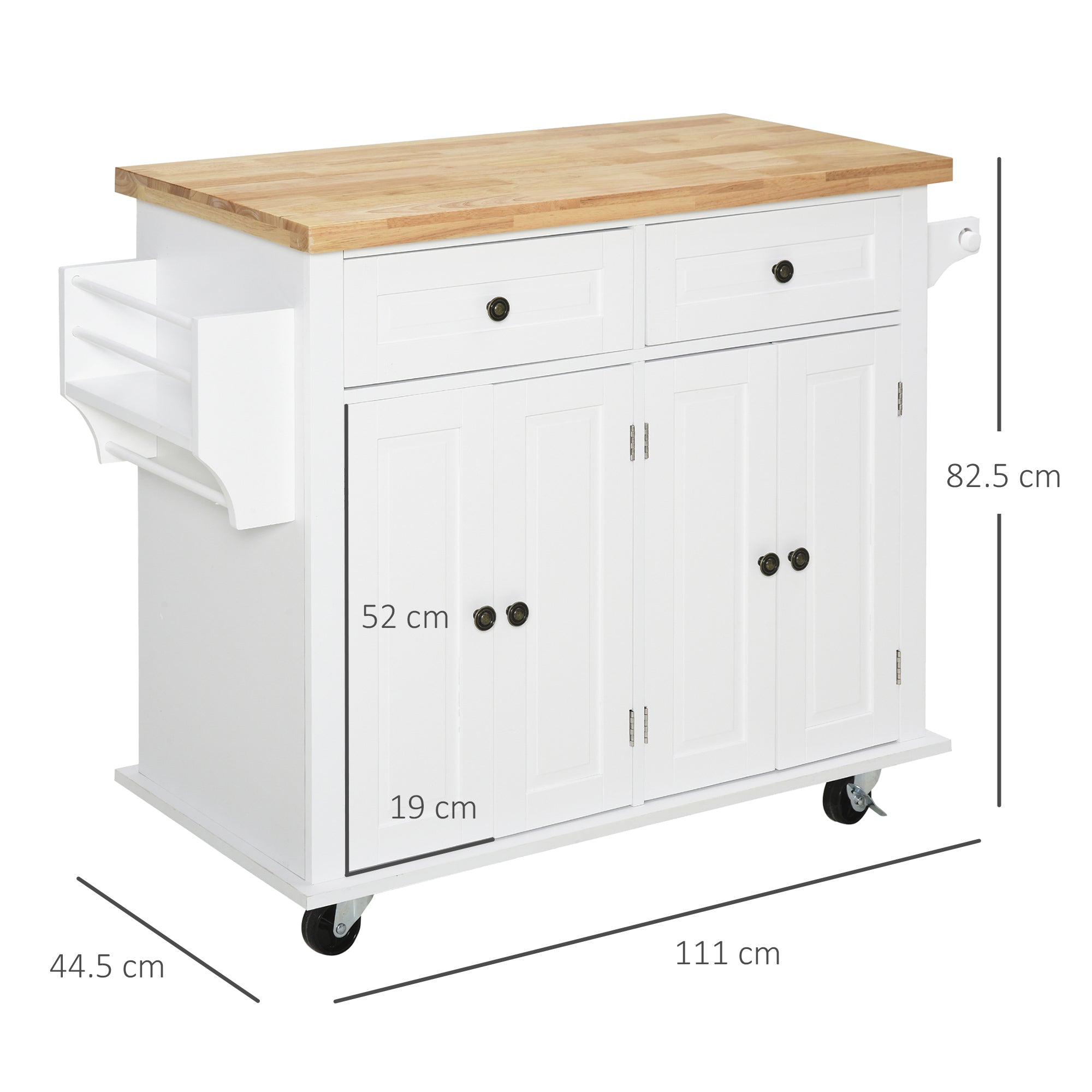 Kitchen Trolley spouses with drawers and wooden holders, 111x44.5x82.5cm, white - Borgè