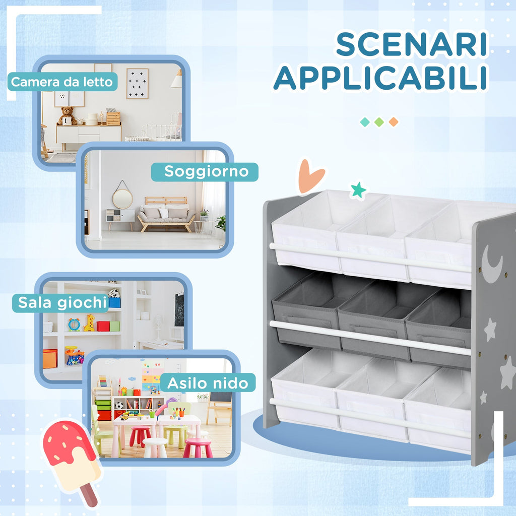 Zonekiz Portagochi cabinet with 9 basketable baskets in MDF and fabric, 63x30x60cm, Grey and white - Borgè