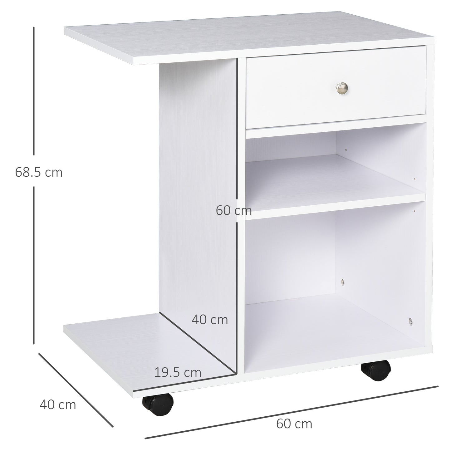 Wine cabinet for 4 -wheeled wooden printer, adjustable shelf and cpu floor, white - Borgè