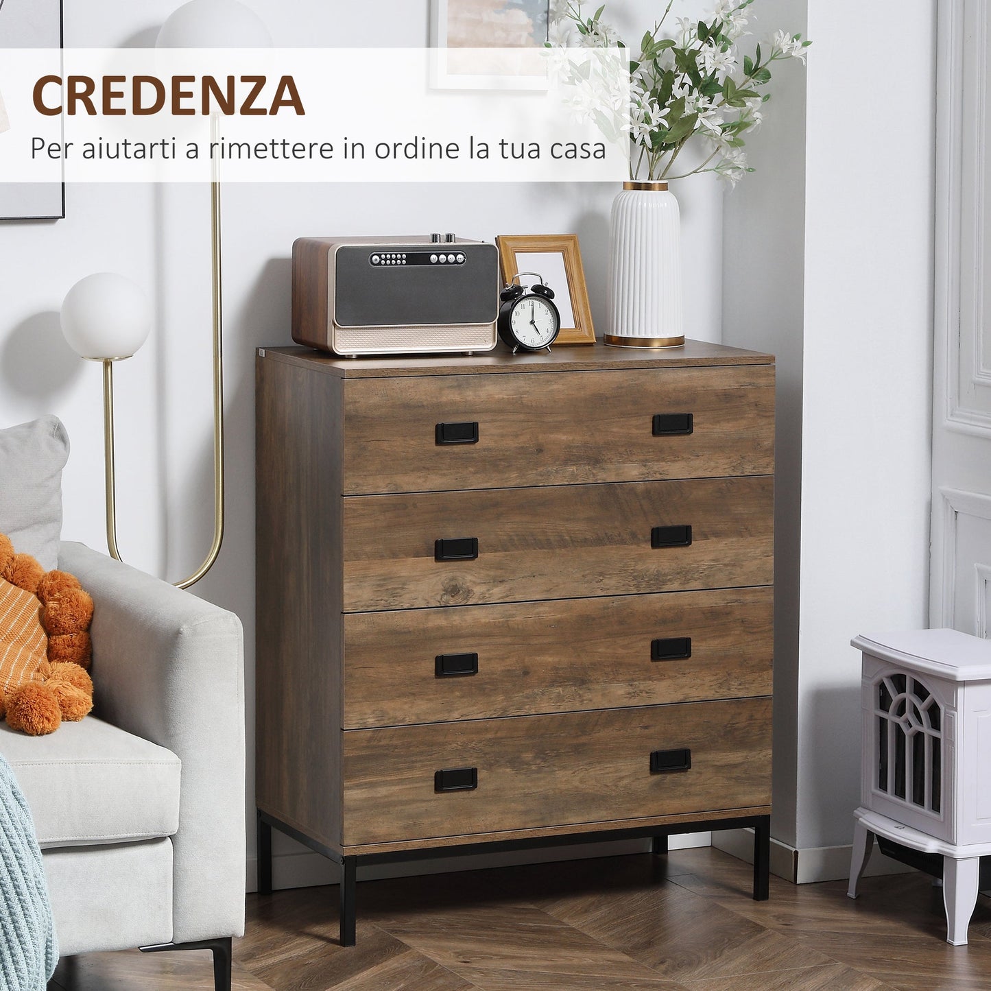 drawer 4 drawers in chipboard and metal for living room and bedroom, 80x39x95 cm, brown - Borgè