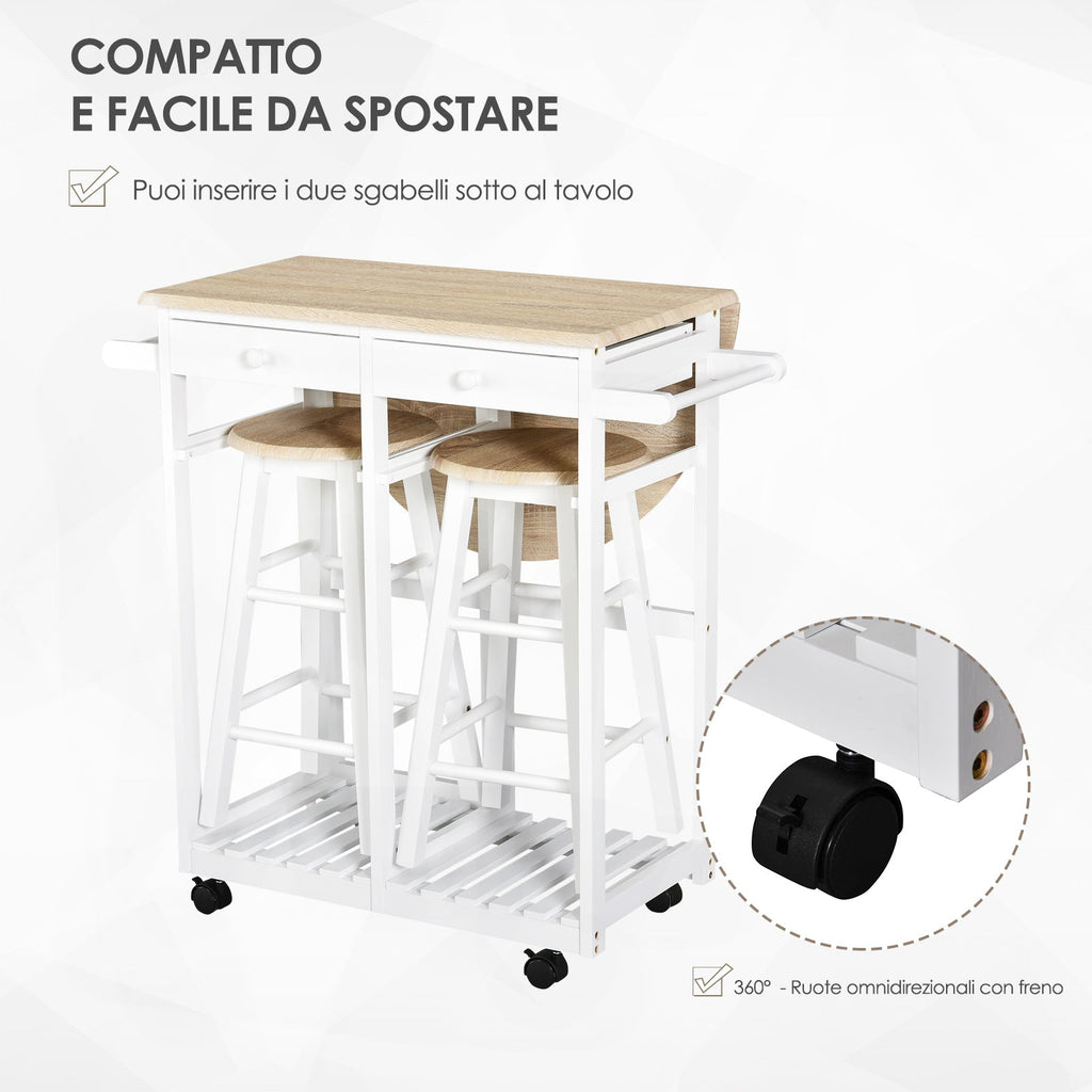Folding Kitchen Cart with 2 White MDF wooden stools - Borgè