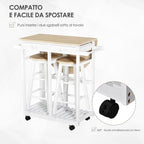 Folding Kitchen Cart with 2 White MDF wooden stools - Borgè