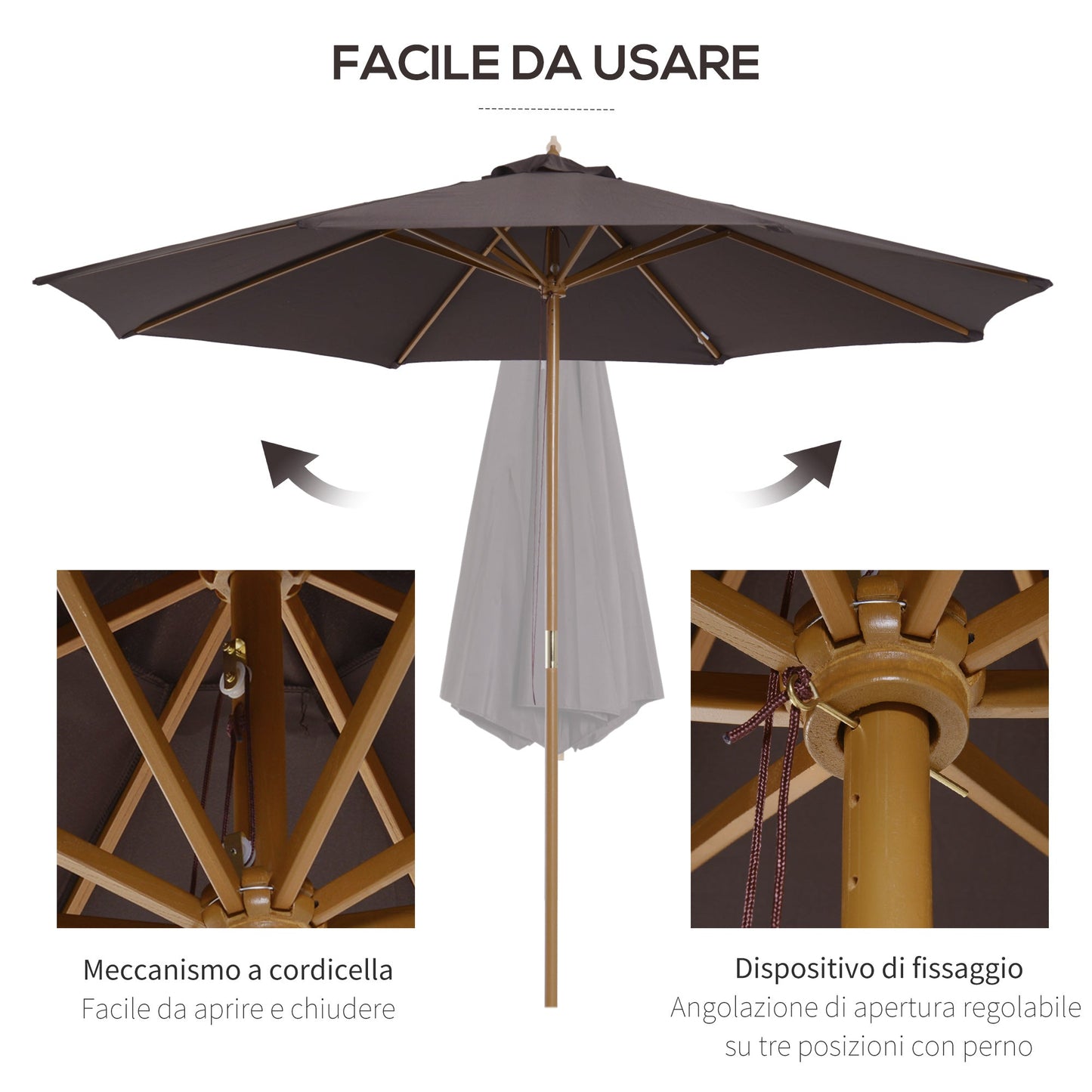 Outsunny garden umbrella with wooden pole and 8 sticks, anti -UV polyester parasols, φ300x250cm, coffee - Borgè