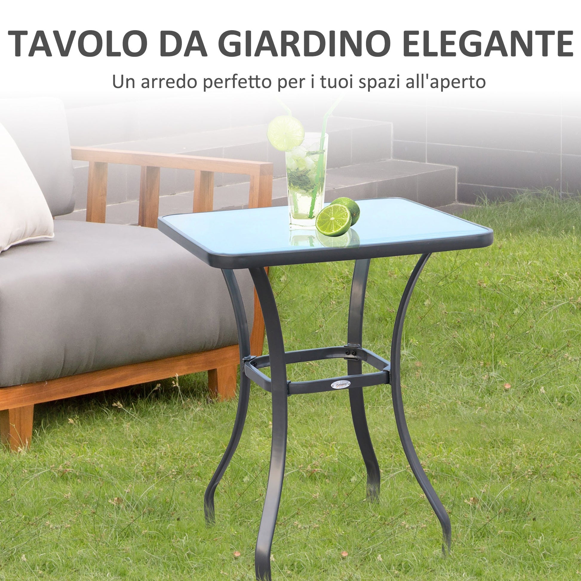 Outsunny Modern Tower Table Tempered Glass, Outdoor Garden Table Metal 68.5x68.5x84cm Grey - Borgè