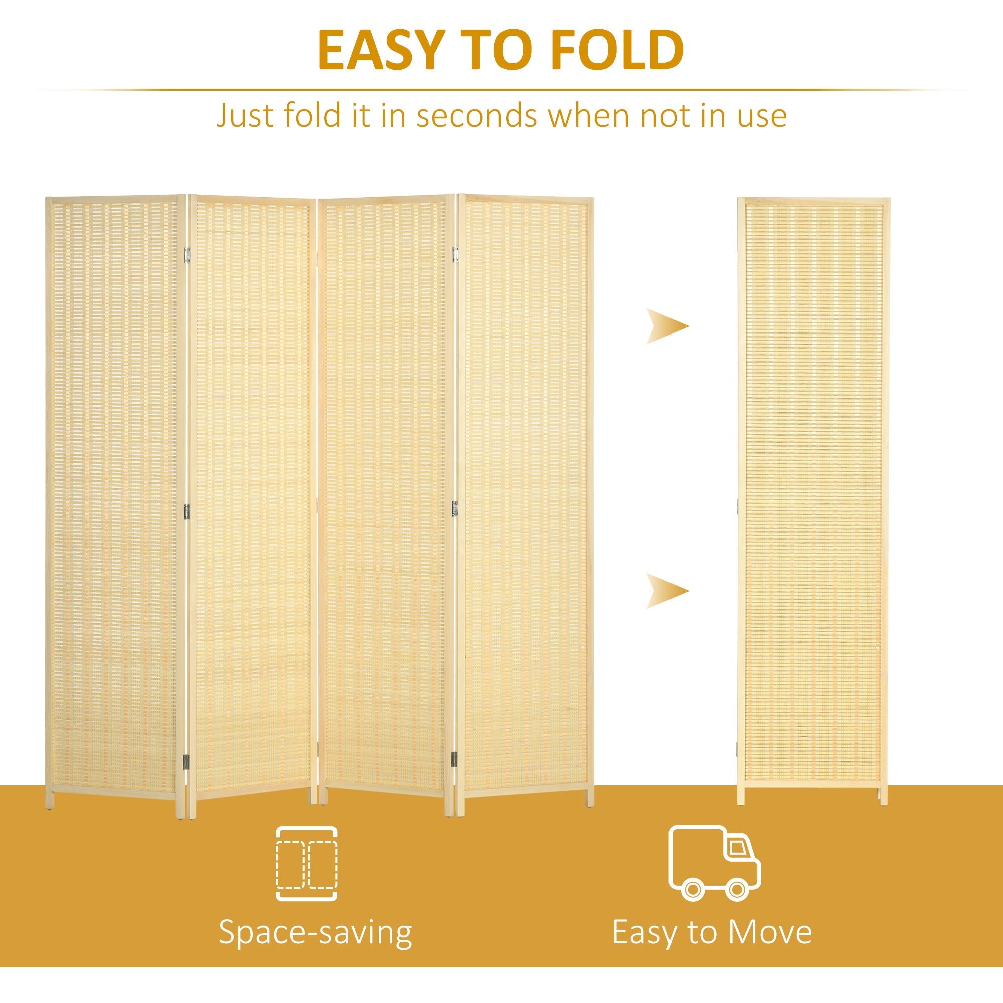Indoor 4-Panel Folding Indoor Screen Height 180cm, Wood and Bamboo Boho Style, Natural Colour - Borgè