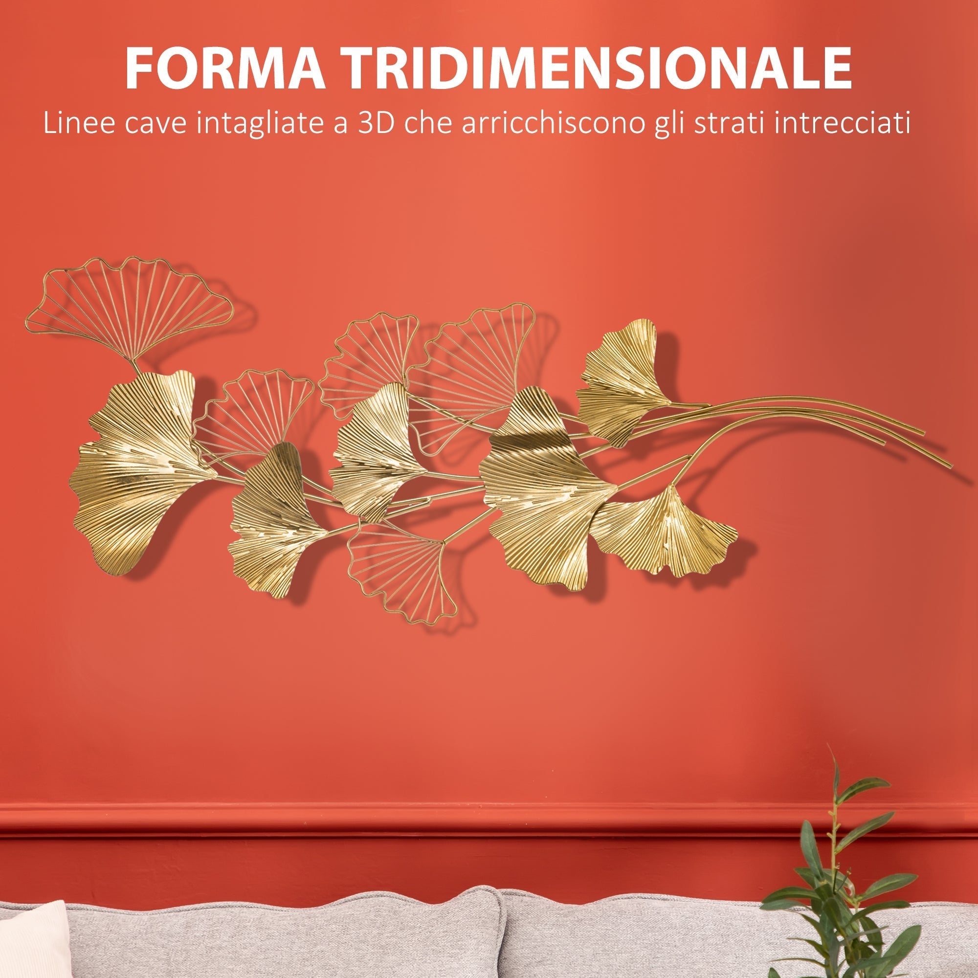 Homcom 3D Metal Wall Decoration, Golden Wall Art with Ginkgo 138x70cm leaves - Borgè