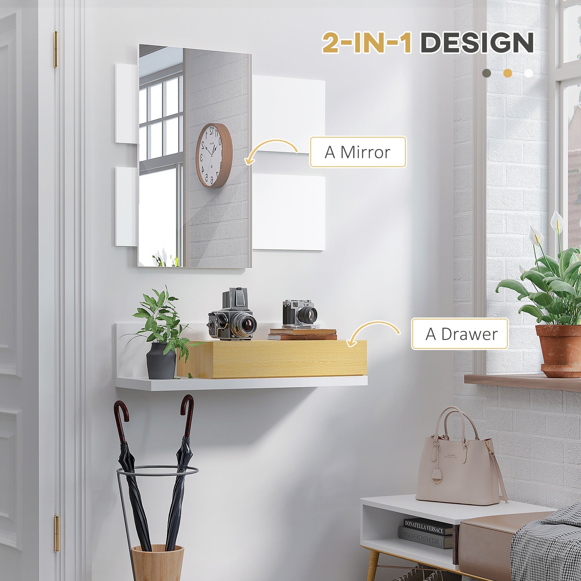 set entrance furniture with mirror 40x70cm and wooden drawer with wall fixing - Borgè