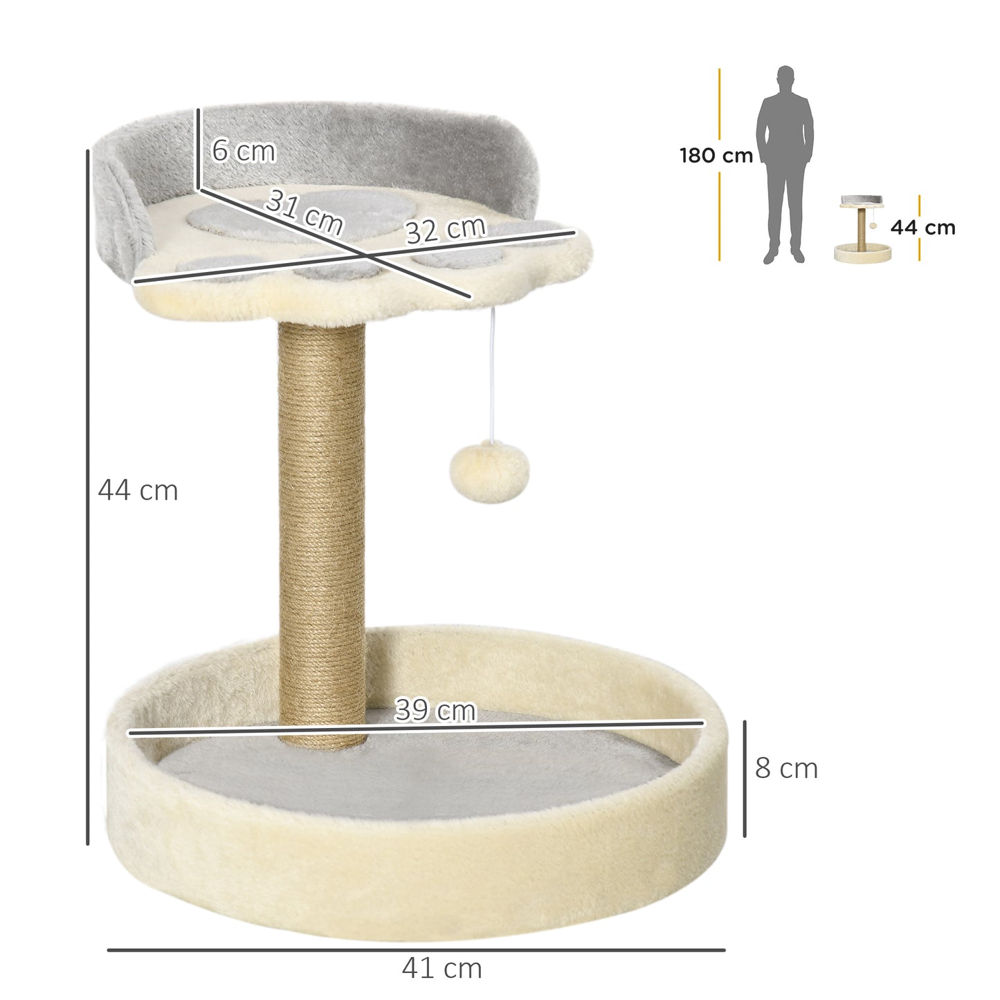 POPZ | Cat Tree for cats with Scratch Pole | 41x41x44 cm, grey and beige - Borgè