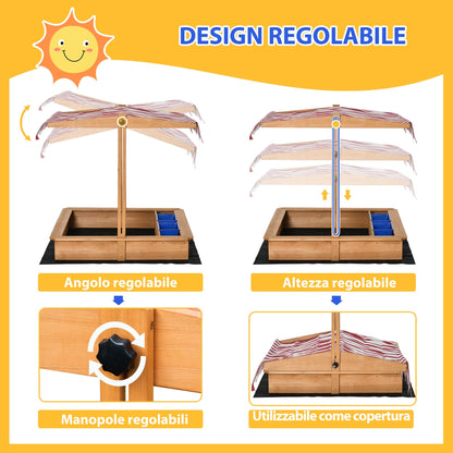 Outsunny Sabbiera for wooden children with adjustable roof, seats and trays, 107.5x107.5x110cm - Borgè