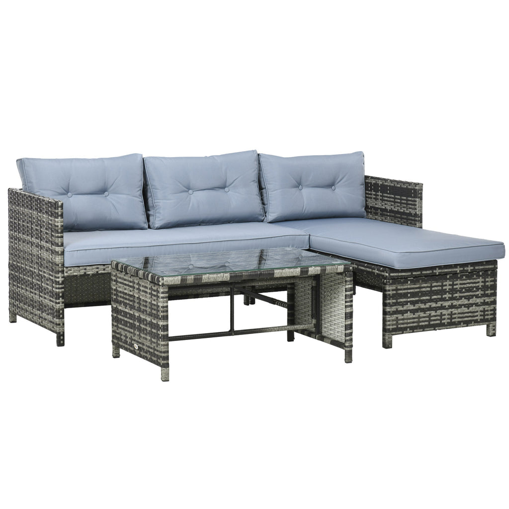 Garden Lounge Set with Sofa, Chaise Longue and Coffee Table in PE Rattan with Cushions, Grey - Borge' Group Limited