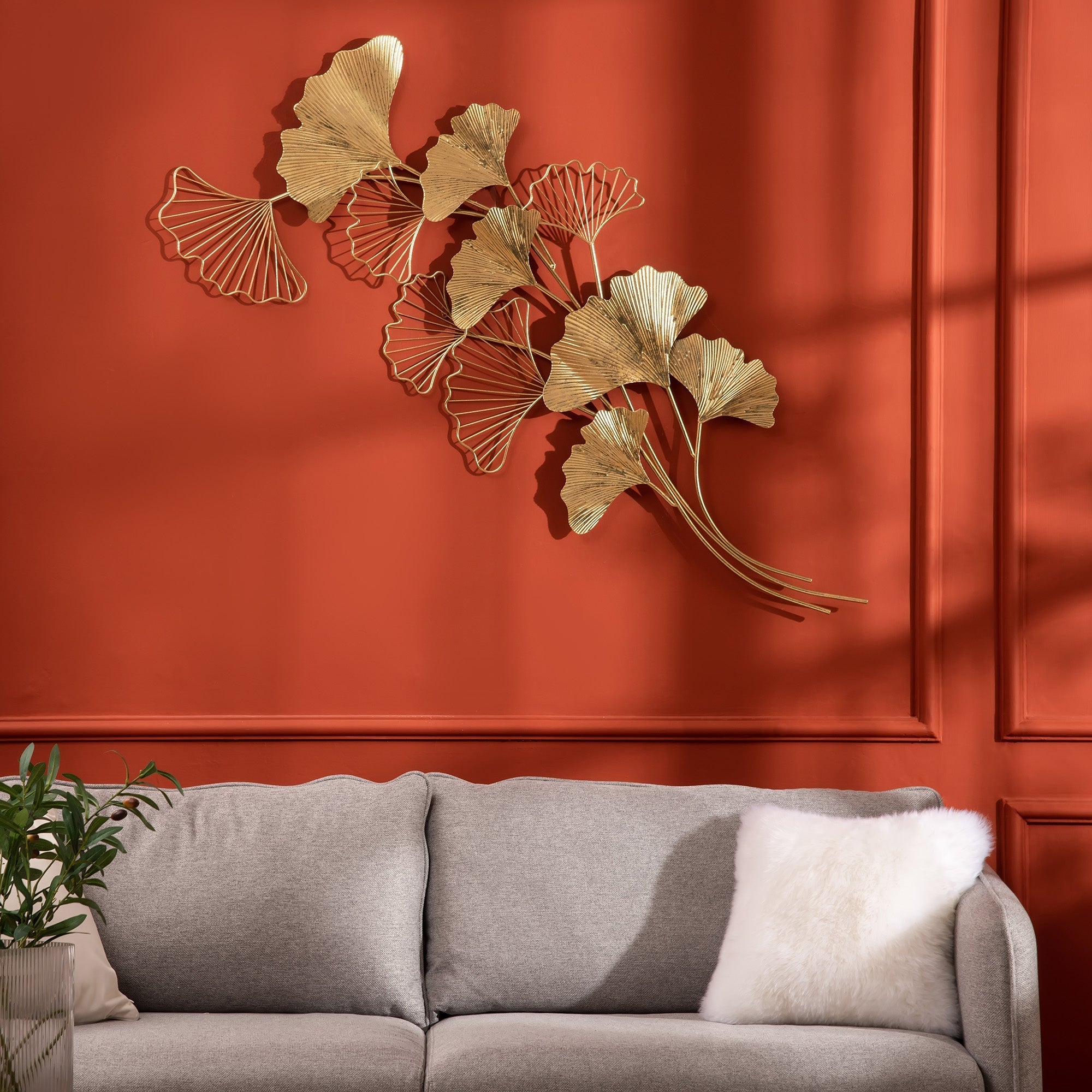 Homcom 3D Metal Wall Decoration, Golden Wall Art with Ginkgo 138x70cm leaves - Borgè