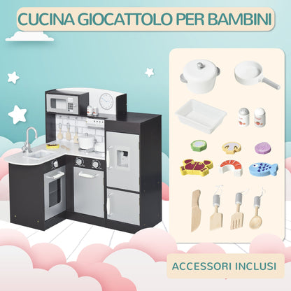 Kitchen for Children in Wooden Children With 14 Accessories, Oven, Sink, Frigo and Microwave, age 3+ years, 86x64x84.5cm, silver and brown - Borgè