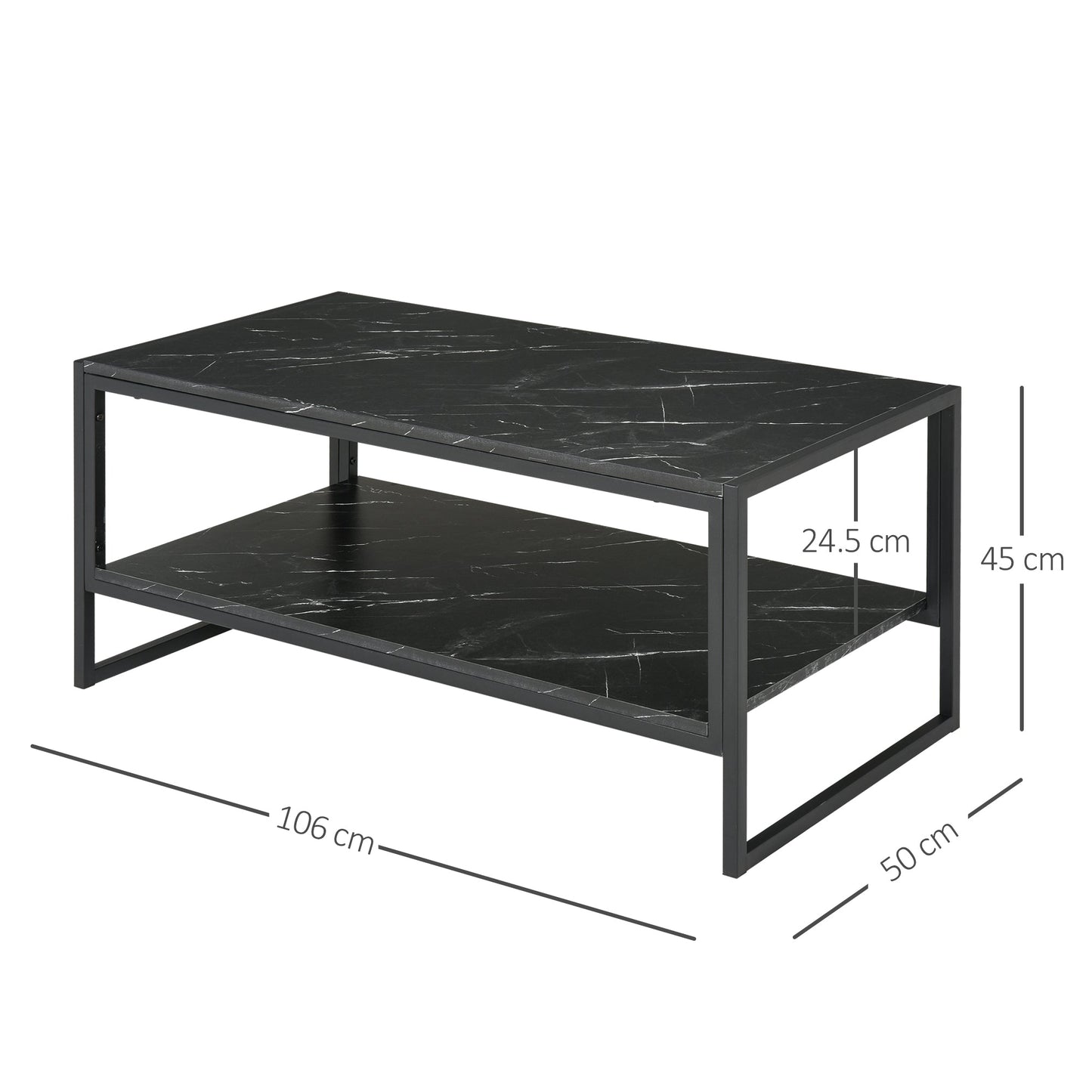 MALORCA | Black Marble Effect Coffee Table with Lower Shelf for Living Room or Office, 106x50x45cm - Borgè