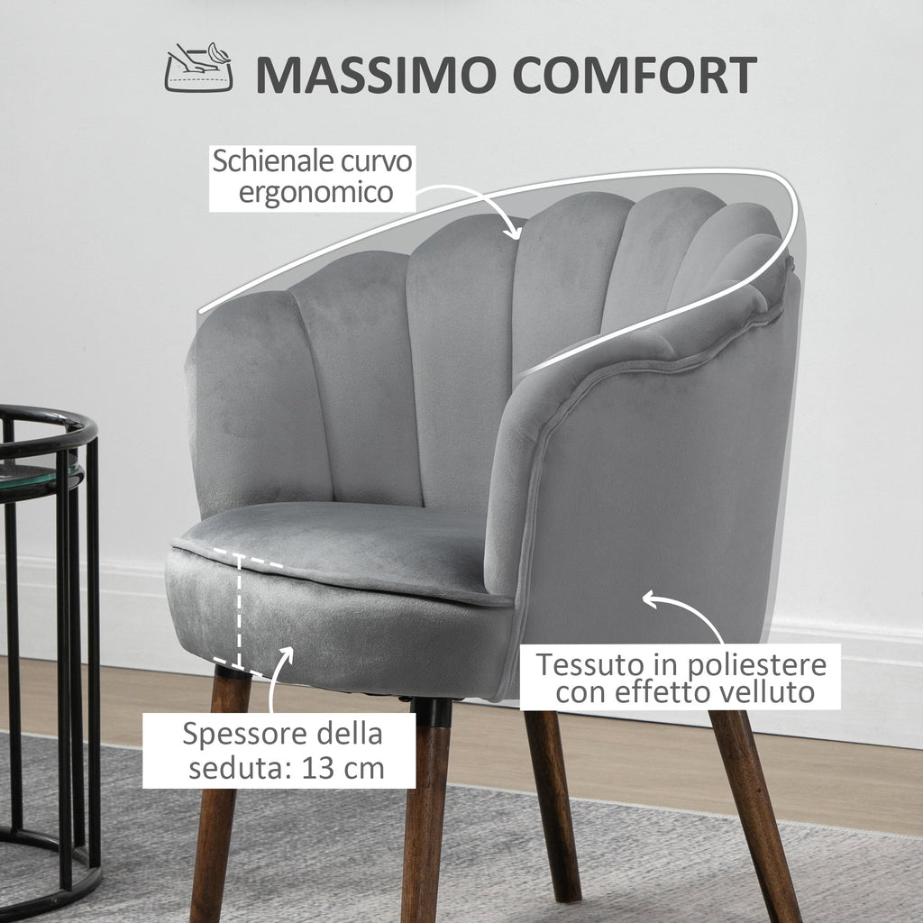 GREYISH | Shell Armchair in Grey Velvet | 66x72x79cm - Borgè