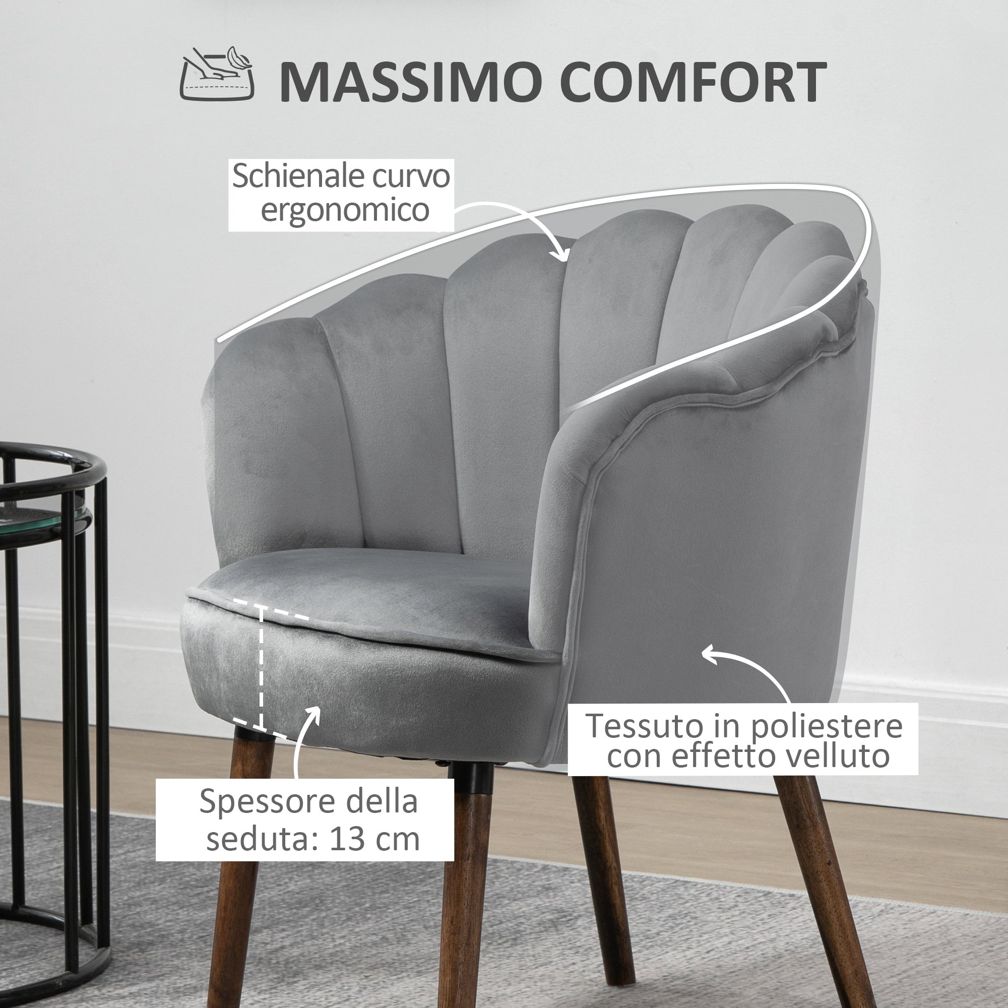 GREYISH | Shell Armchair in Grey Velvet | 66x72x79cm - Borgè
