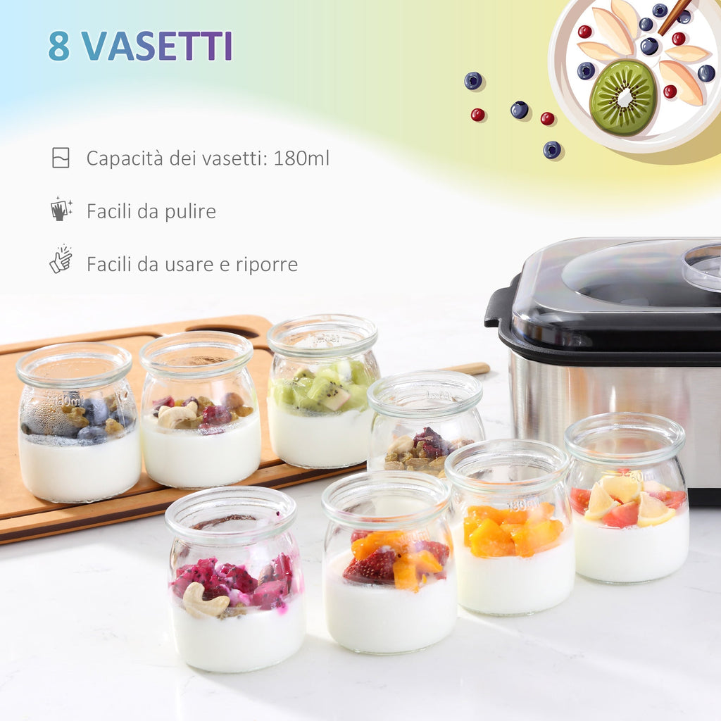 Electric Yogurt Maker with 8 Jars Included, Timer 1-48 Hours and Adjustable Temperature 20-50°C, 36x18.8x14cm, Silver - Borgè