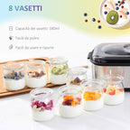 Electric Yogurt Maker with 8 Jars Included, Timer 1-48 Hours and Adjustable Temperature 20-50°C, 36x18.8x14cm, Silver - Borgè