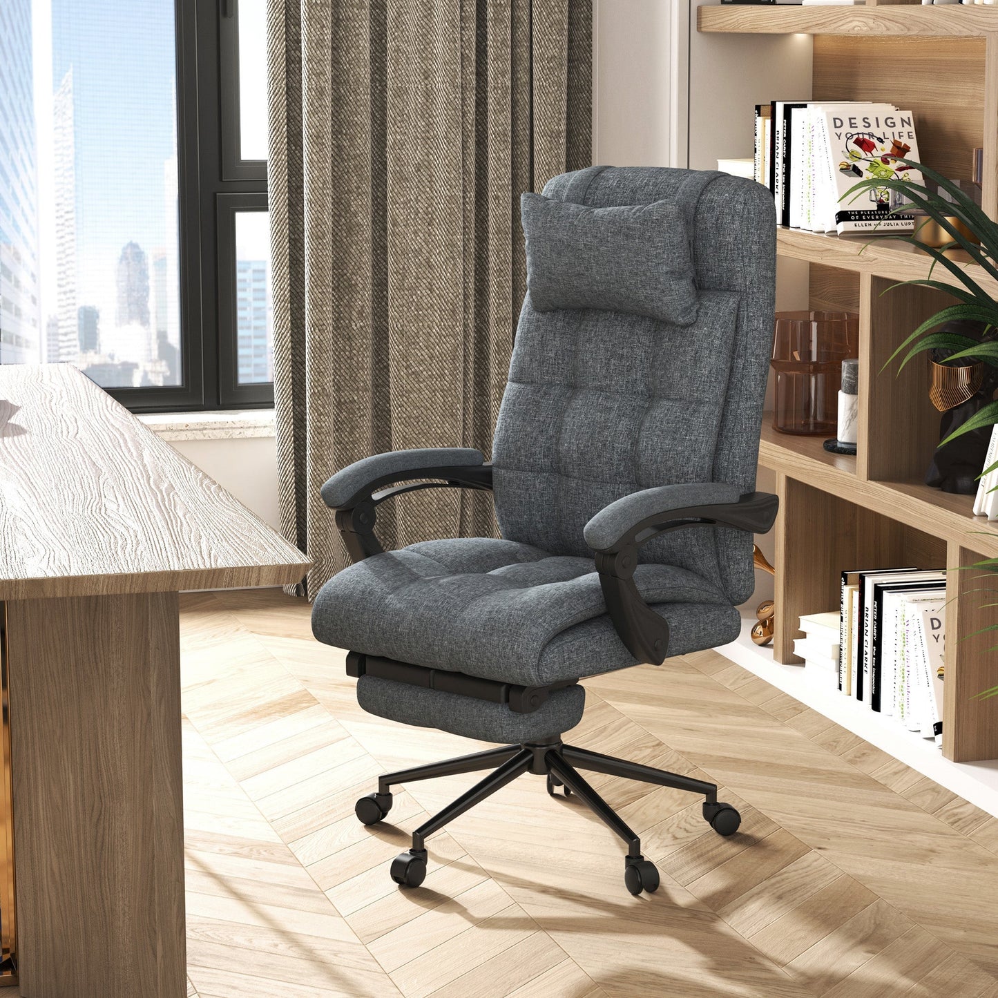 Vadgetto Retlinable Ergonomic Office Chair, High Back Directional Chair, Office Armchair With Puogatesta and Removable footrest, 66x70x116-124cm, Grey - Borgè