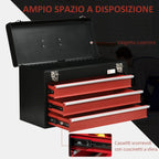 Durhand Steel toolbox with 3 drawers and upper tray, 51x22x32 cm, red and black - Borgè