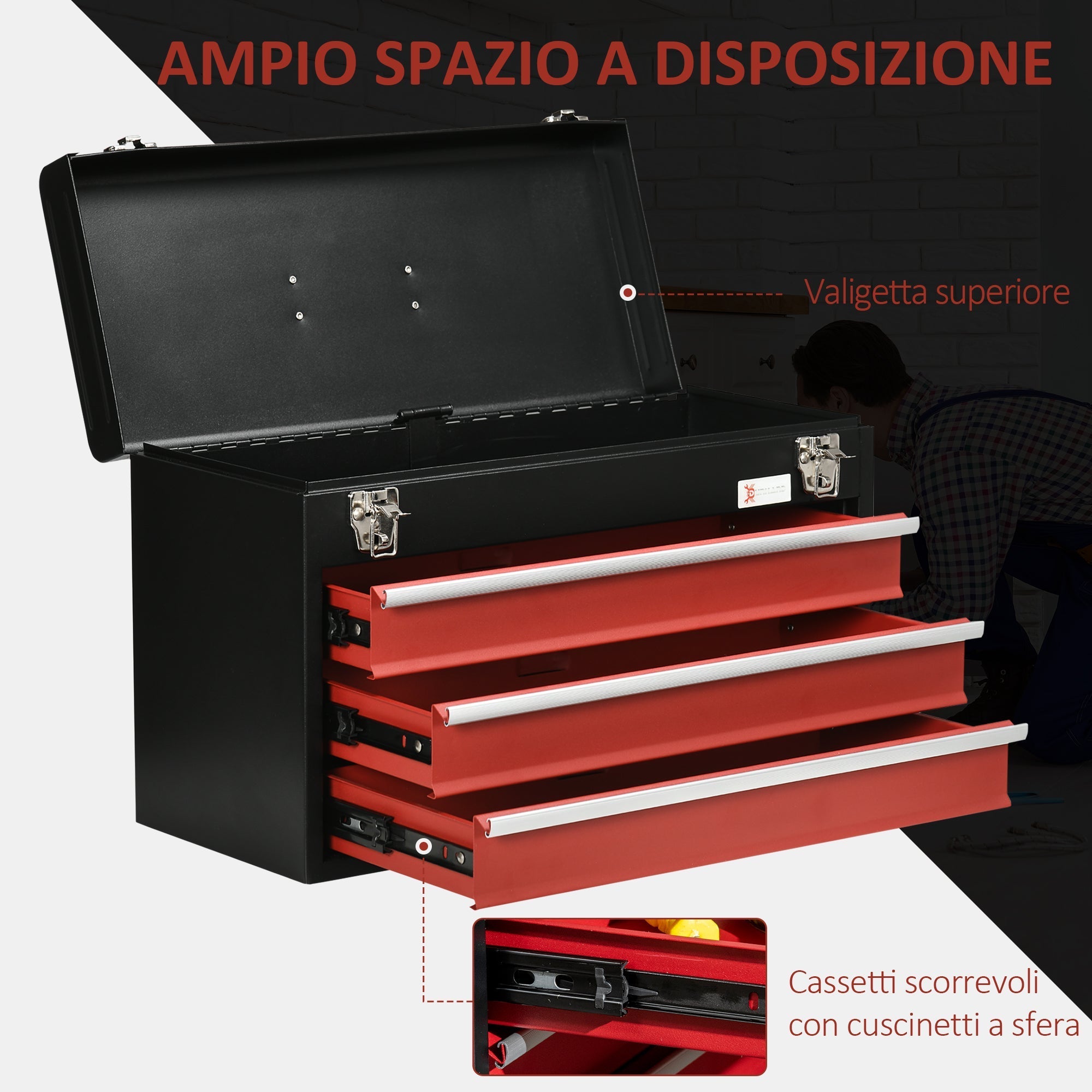 Durhand Steel toolbox with 3 drawers and upper tray, 51x22x32 cm, red and black - Borgè