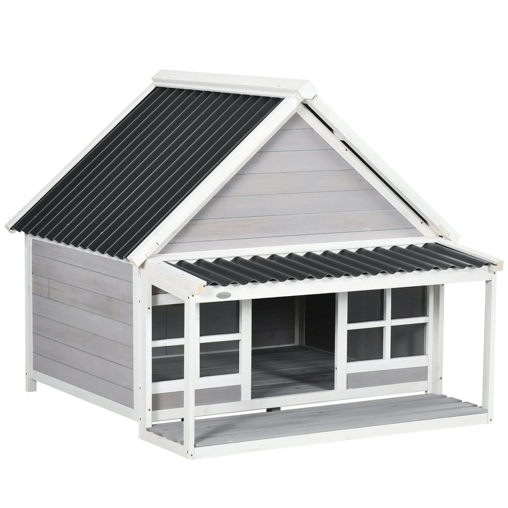 Outdoor Dog Kennel in Wood and PVC with Porch and Windows, 126x118x105cm, Grey - Borge' Group Limited
