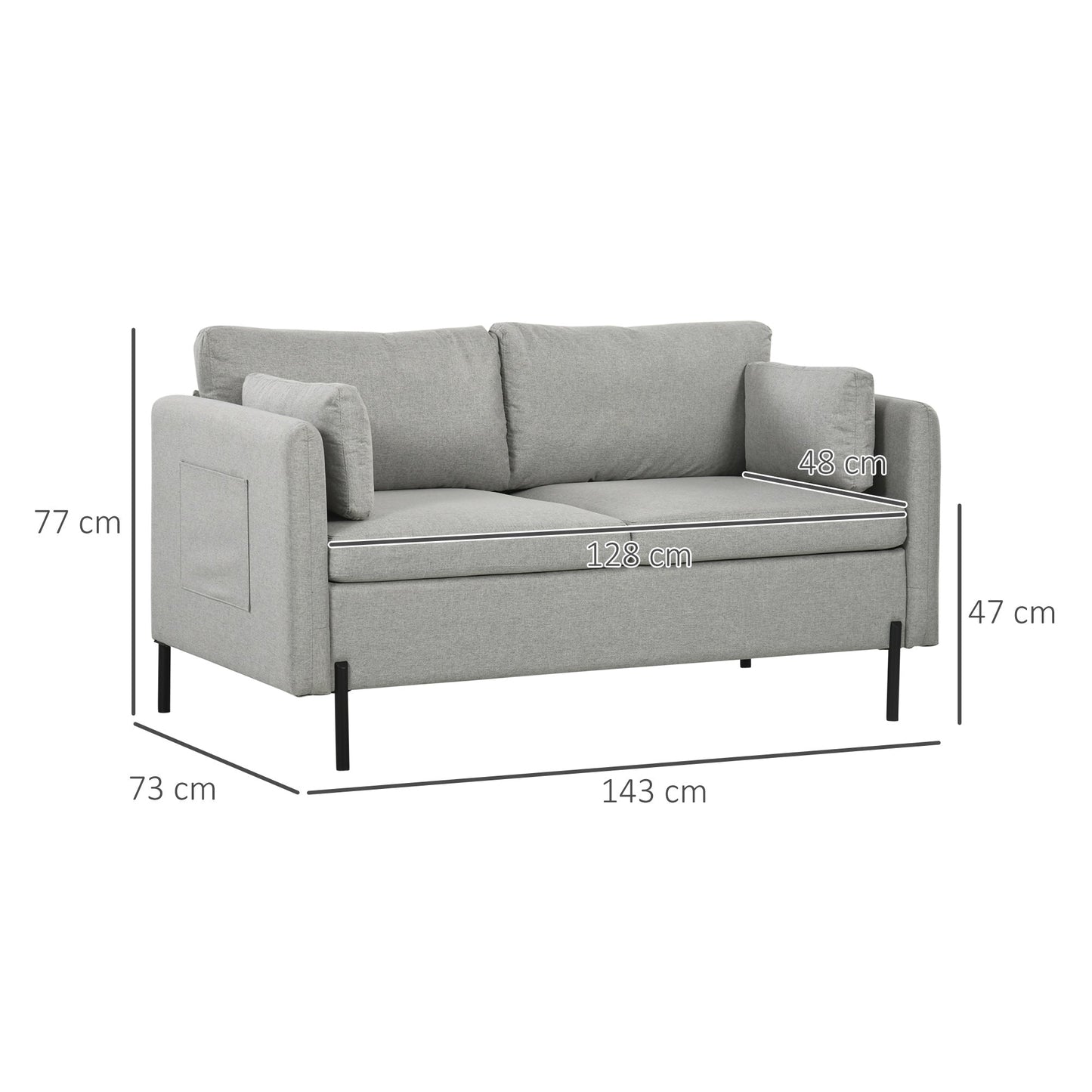 Homcom 2 -seater sofa living room in linen effect fabric and steel with side pockets, 143x73x77cm, Grey - Borgè