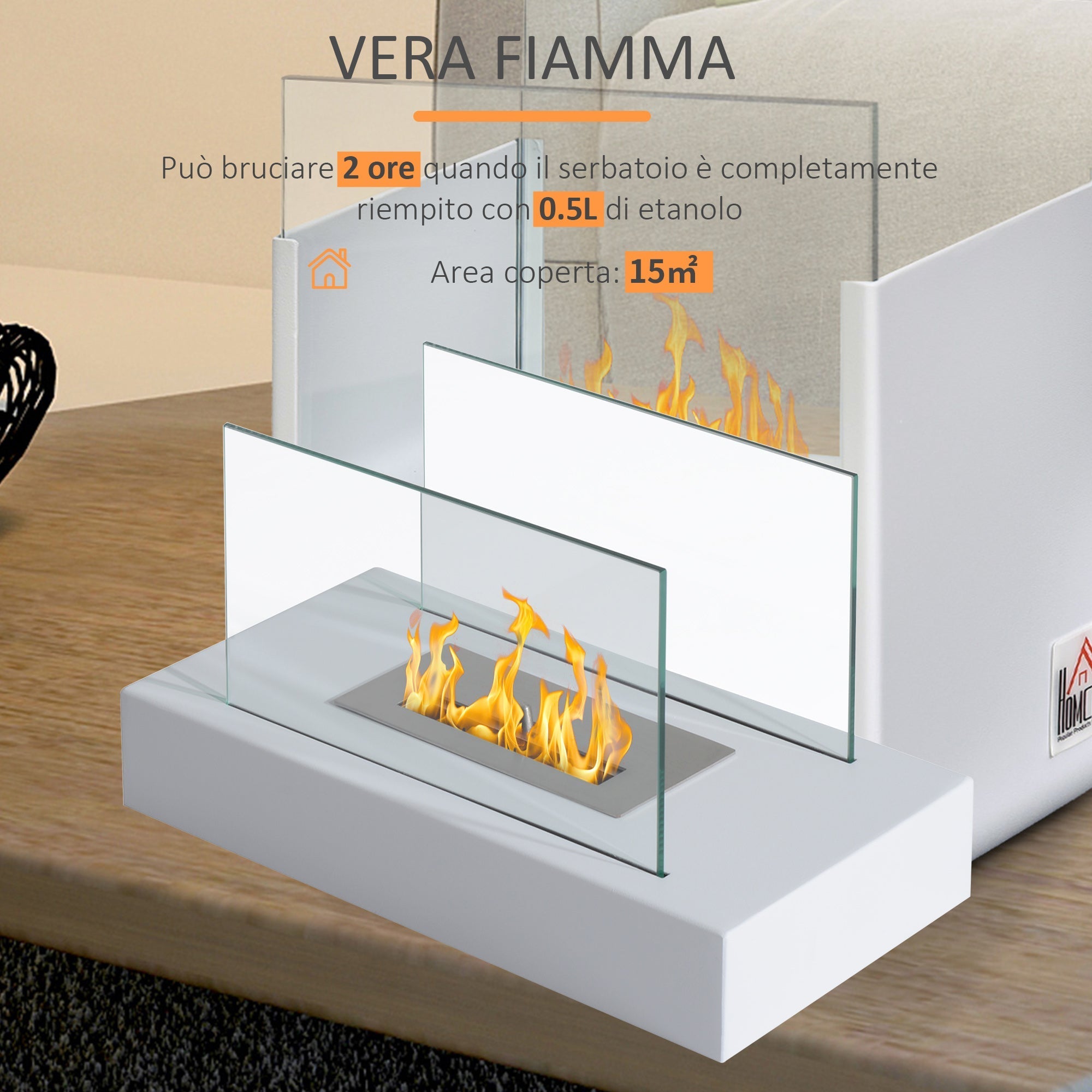 Bioethanol fireplace from the ground with power 2000W, white, 35x18x21cm - Borgè