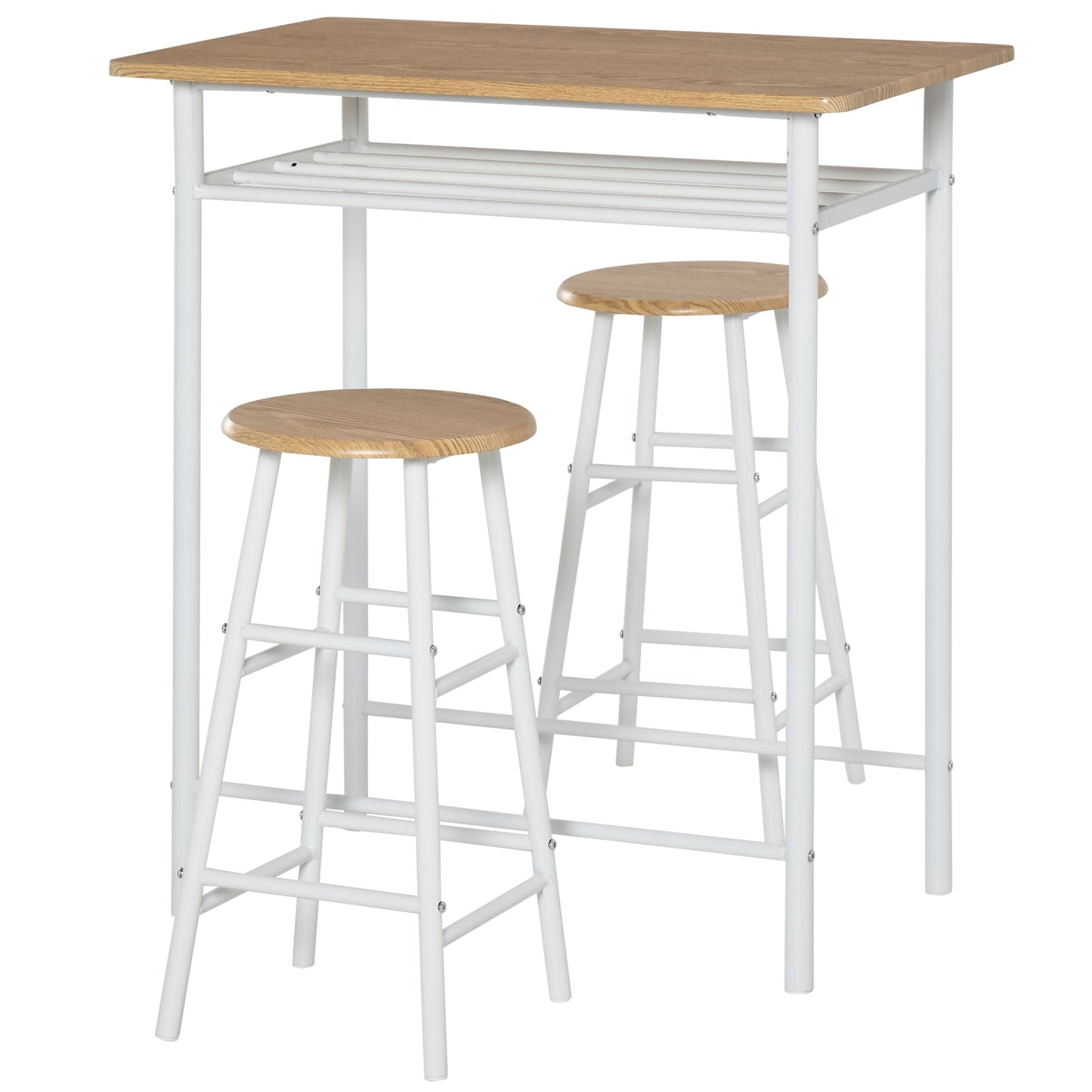 Set Bar counter with 2 high north -style wooden stools, high table with shelf and kitchen stools with footrests, white - Borgè