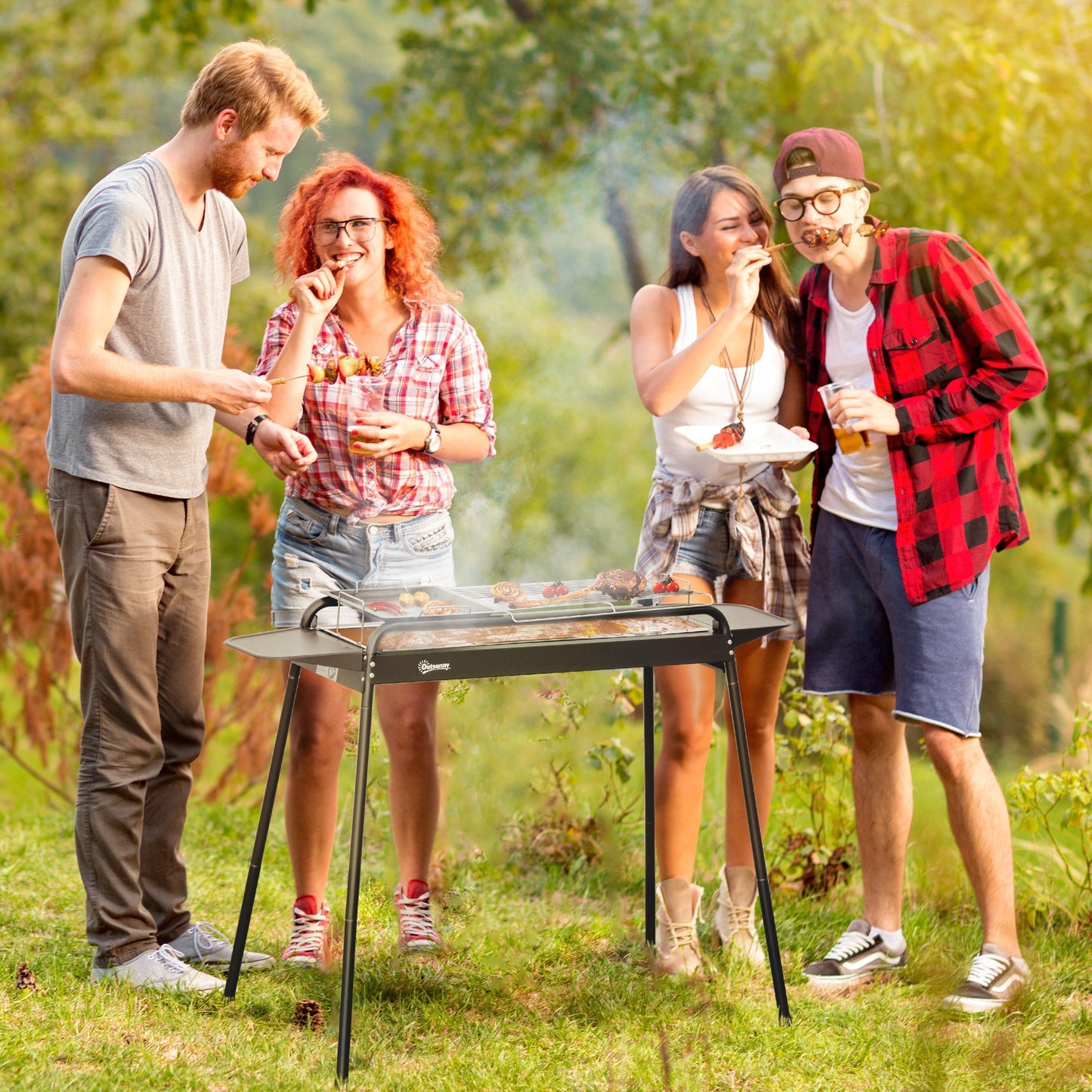 Black Charcoal Barbecue with Grill and Steel plate with Side Shelves - Borgè