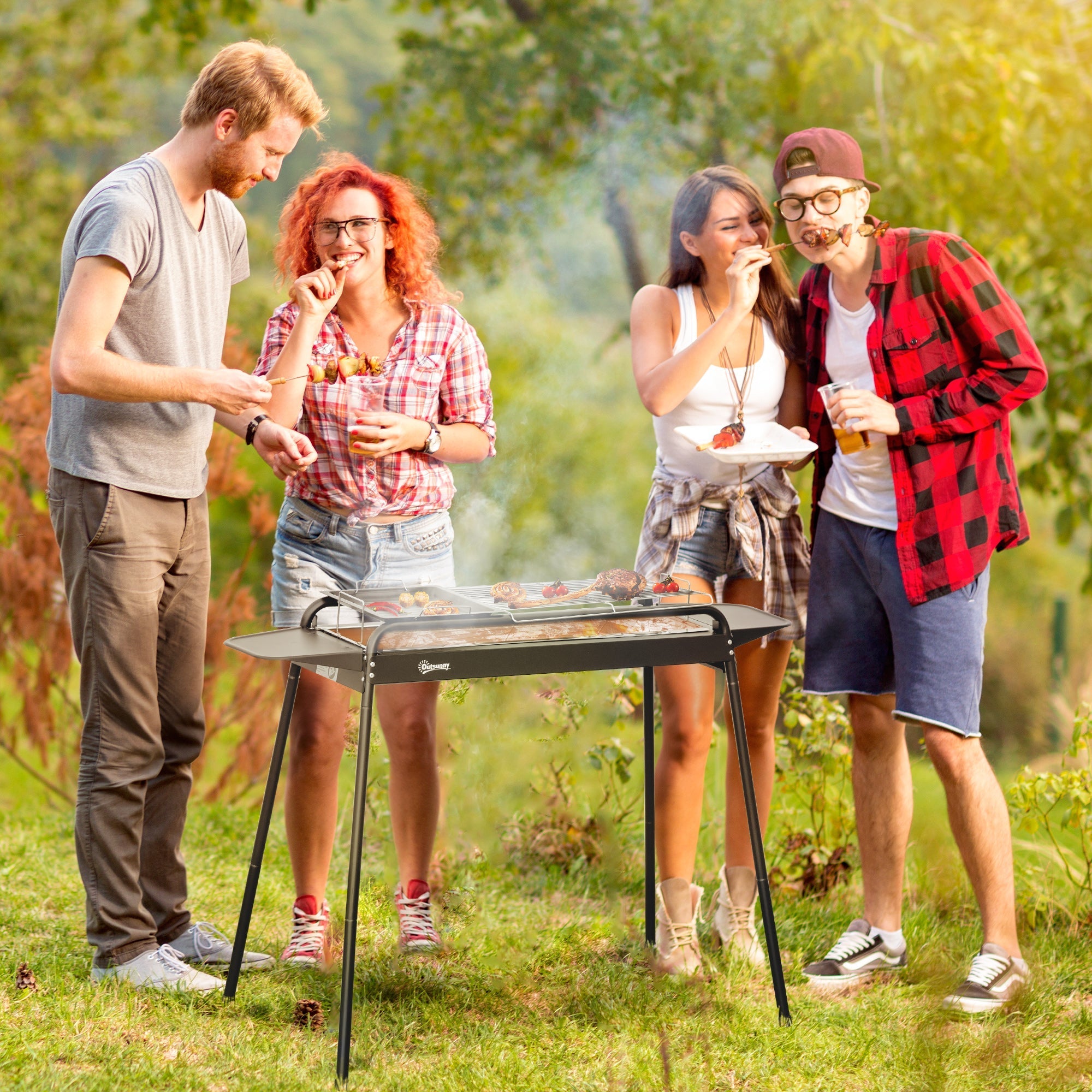 Charcoal Barbecue with Grill and Steel Plate with Side Shelves, 113x59x83.5cm, Black - Borge' Group Limited