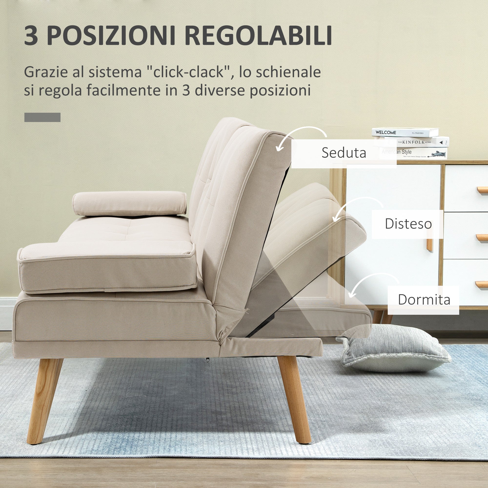 Reclinable 3 -seater sofa bed with linen effect coating and folding table, beige - Borgè