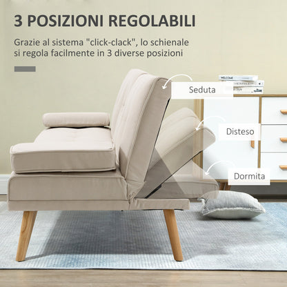 Reclinable 3 -seater sofa bed with linen effect coating and folding table, beige