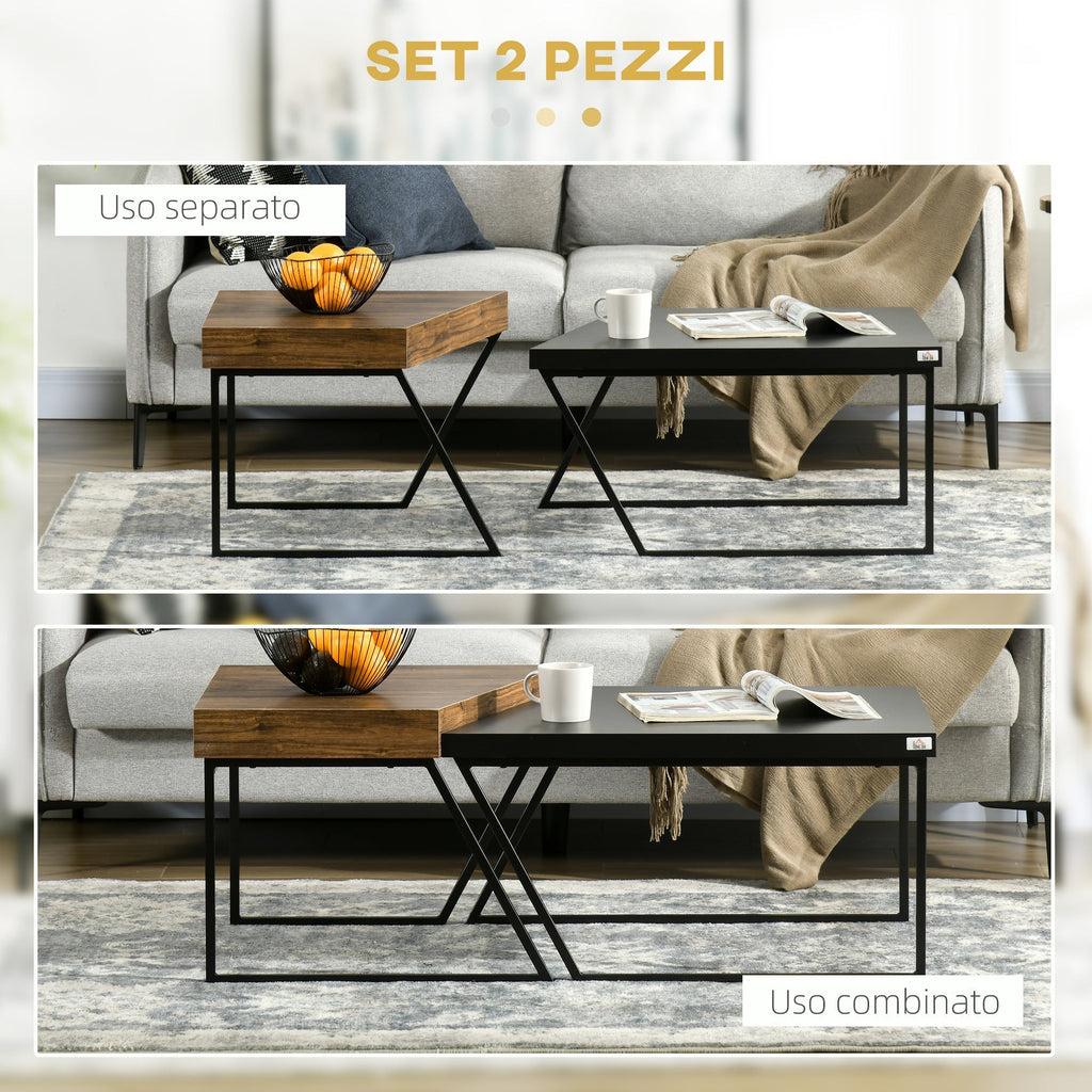 Homcom Set 2 coffee tables in chipboard and steel, black table 80x60x42 cm and brown table 60x60x46 cm - Borgè