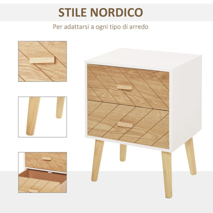 wooden bedside table 2 Scandinavian style drawers, white and wood, 40x30x55.5cm - Borgè