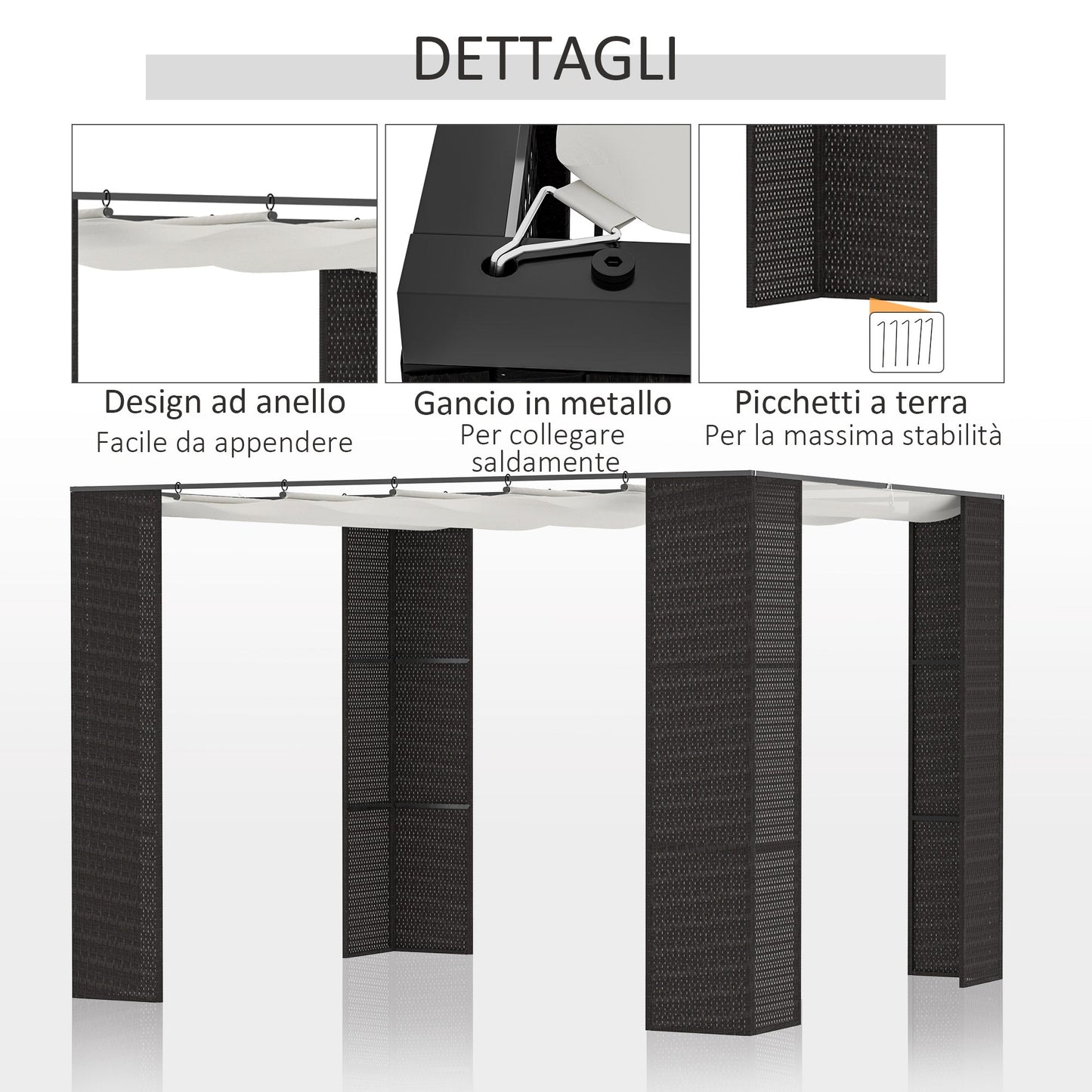 LEONA | Garden Pergola with sliding curtain, metal structure and rattan effect | 2,98x2.98x2m