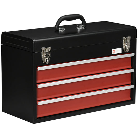 Durhand Steel toolbox with 3 drawers and upper tray, 51x22x32 cm, red and black - Borgè