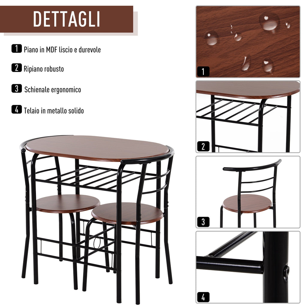 Dining Set 3 pieces table with 2 wood and black brown chairs - Borgè