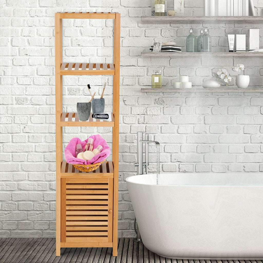 Mobile with column for bamboo bathroom with 4 shelves and a cabinet 36x33x140cm - Borgè