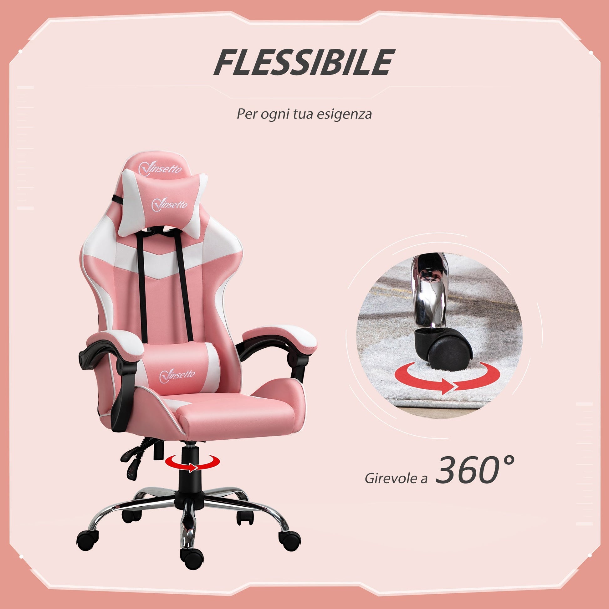 Ergonomic gaming chair with adjustable and reclining height - pink - Borgè