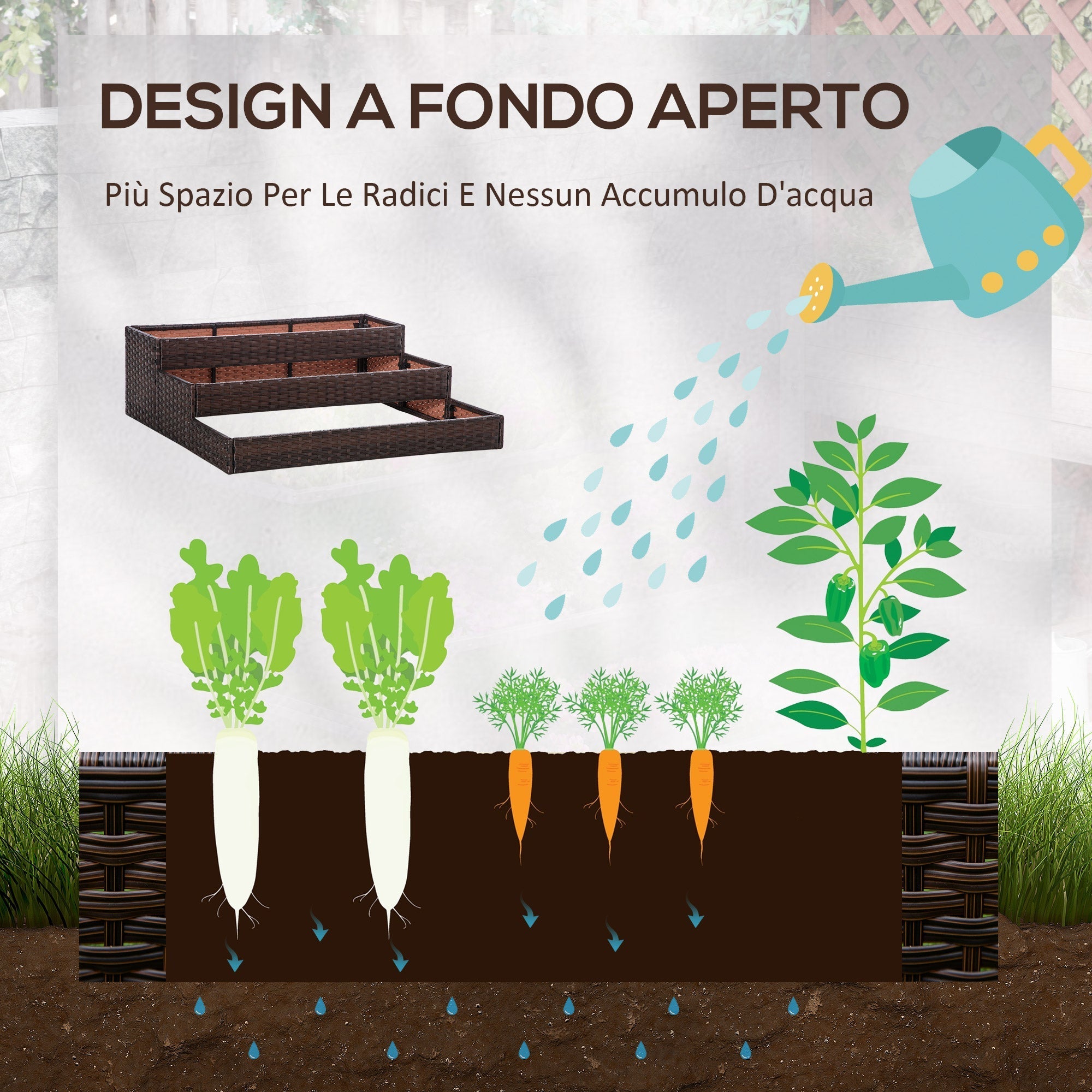 3-Tier Raised Garden Bed in Synthetic Rattan Without Bottom for Plants and Vegetables, 120x120x40cm, Grey - Borge' Group Limited