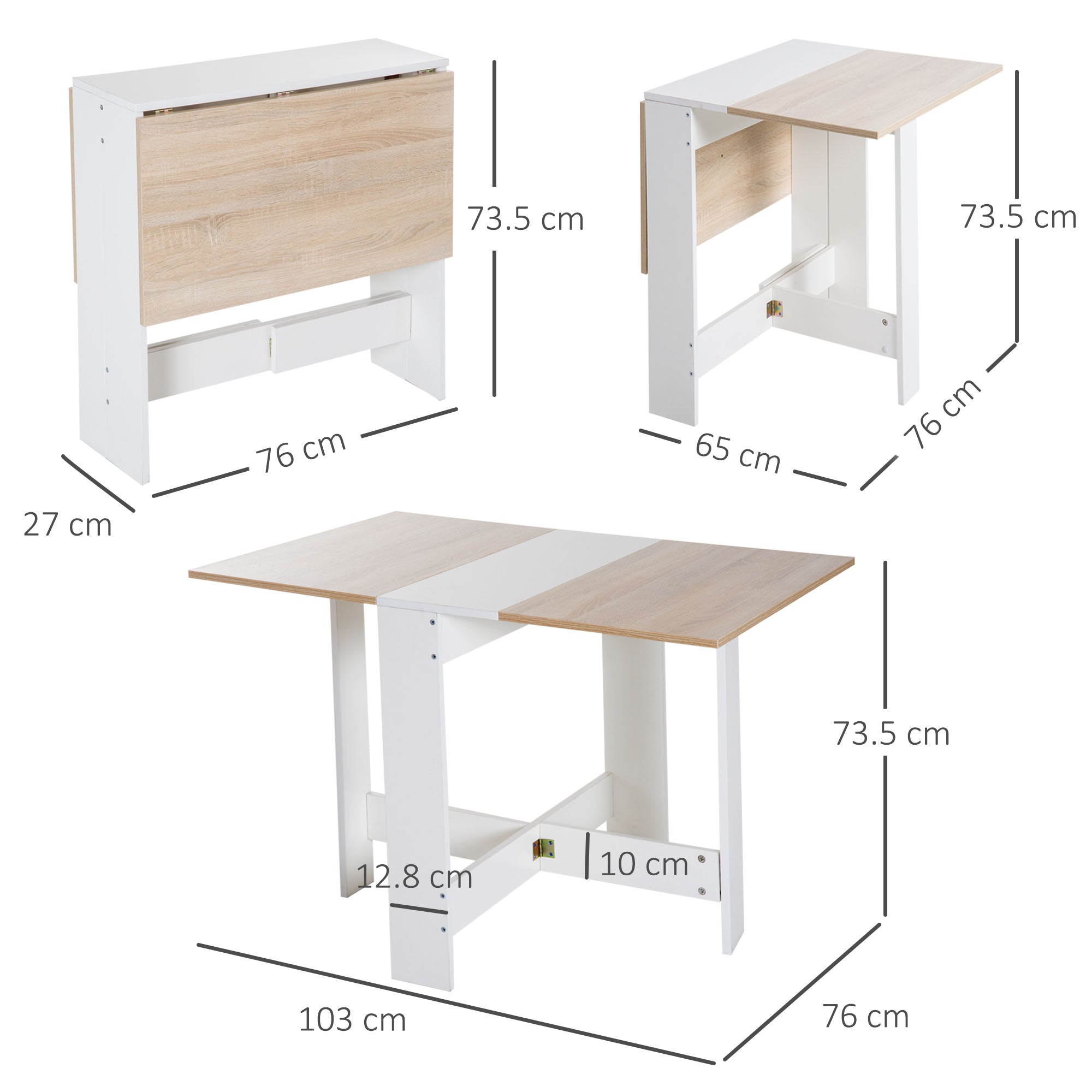 extendable dining table, wooden folding table 103 × 76 × 73.5cm white oak - Borgè