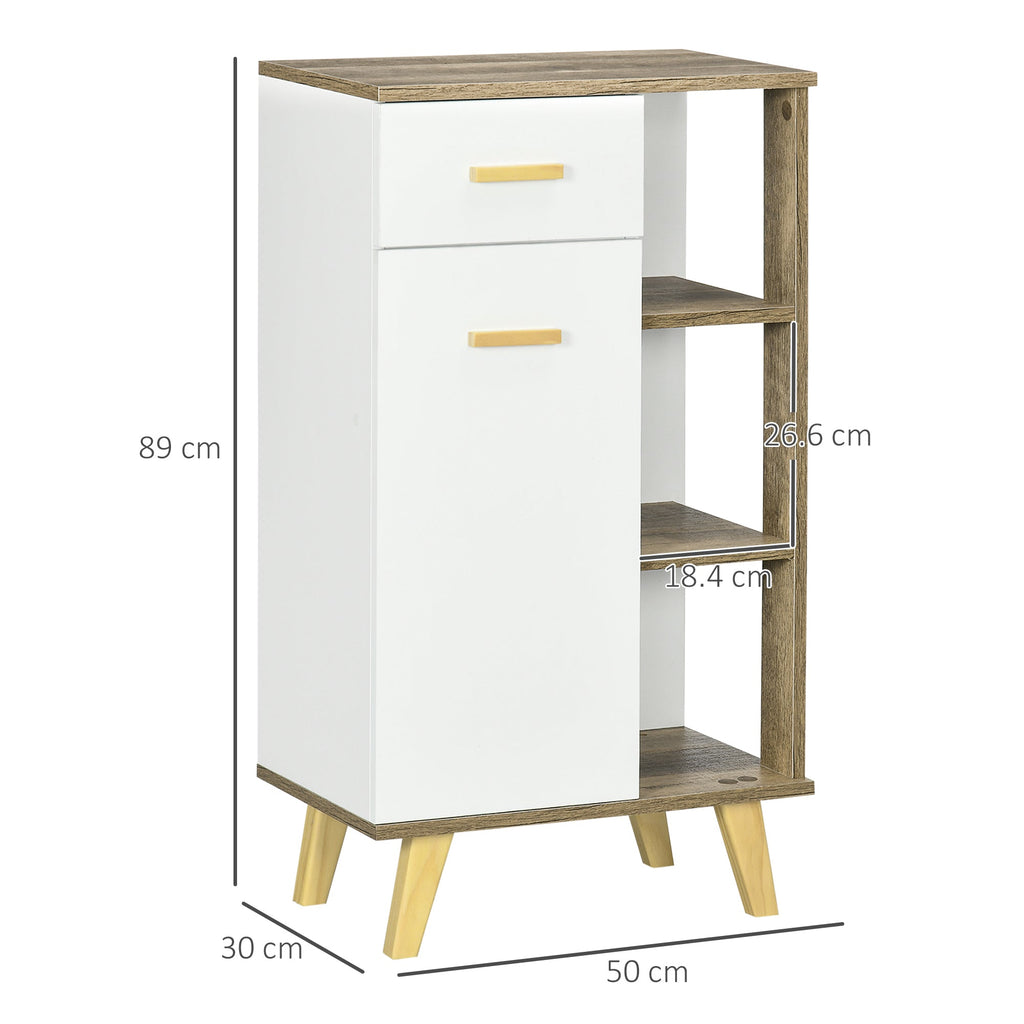 Kleankin Modern bathroom cabinet with locker, drawer and wooden shelves, 50x30x89cm, white - Borgè